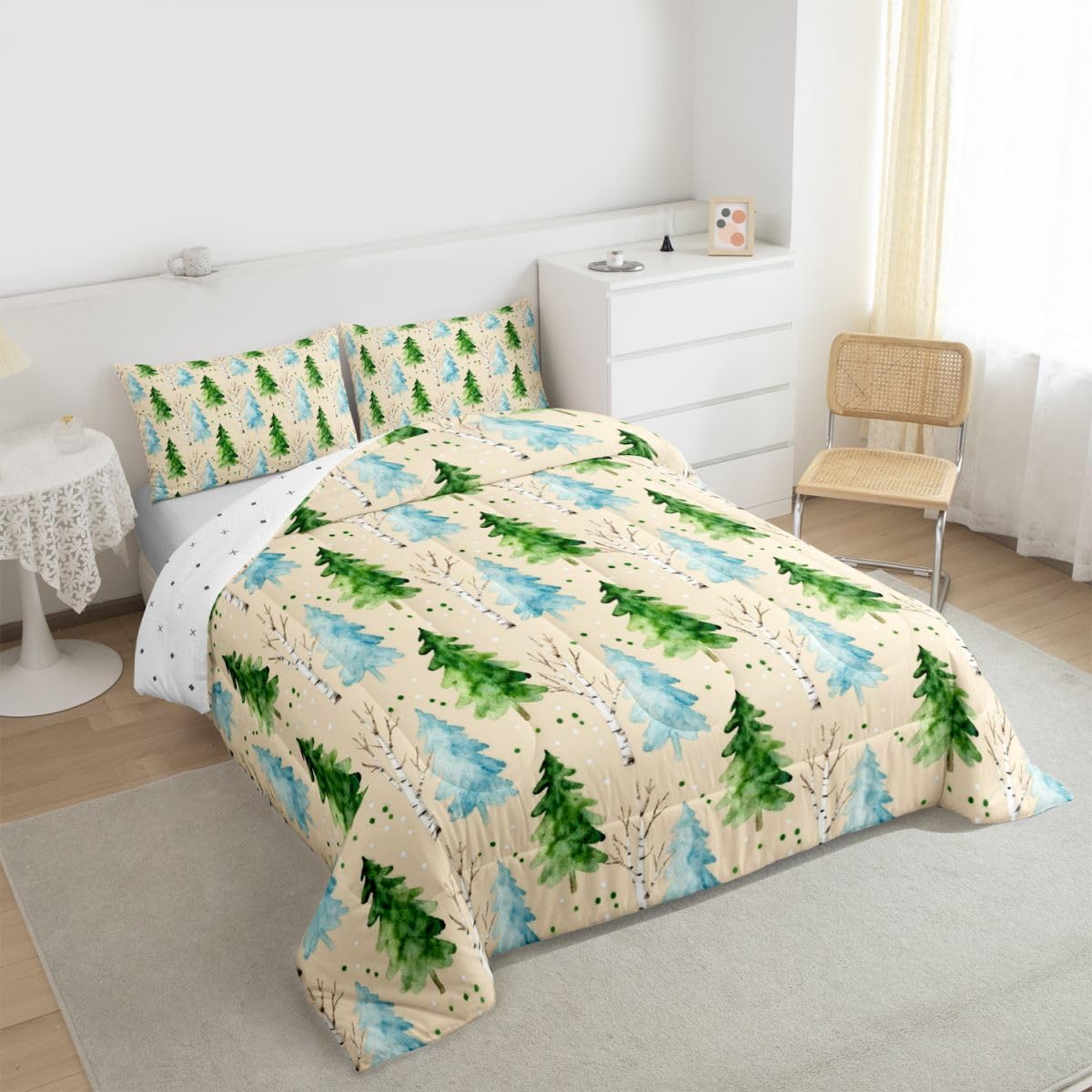 Erosebridal Pine Tree Comforter Set Spring Botanical Garden Full Size Bedding Sets for Young Boys | Christmas Trees Boho Plant Comforter Farmhouse Christmas Bed Set, Kawaii Room Decor Aesthetic
