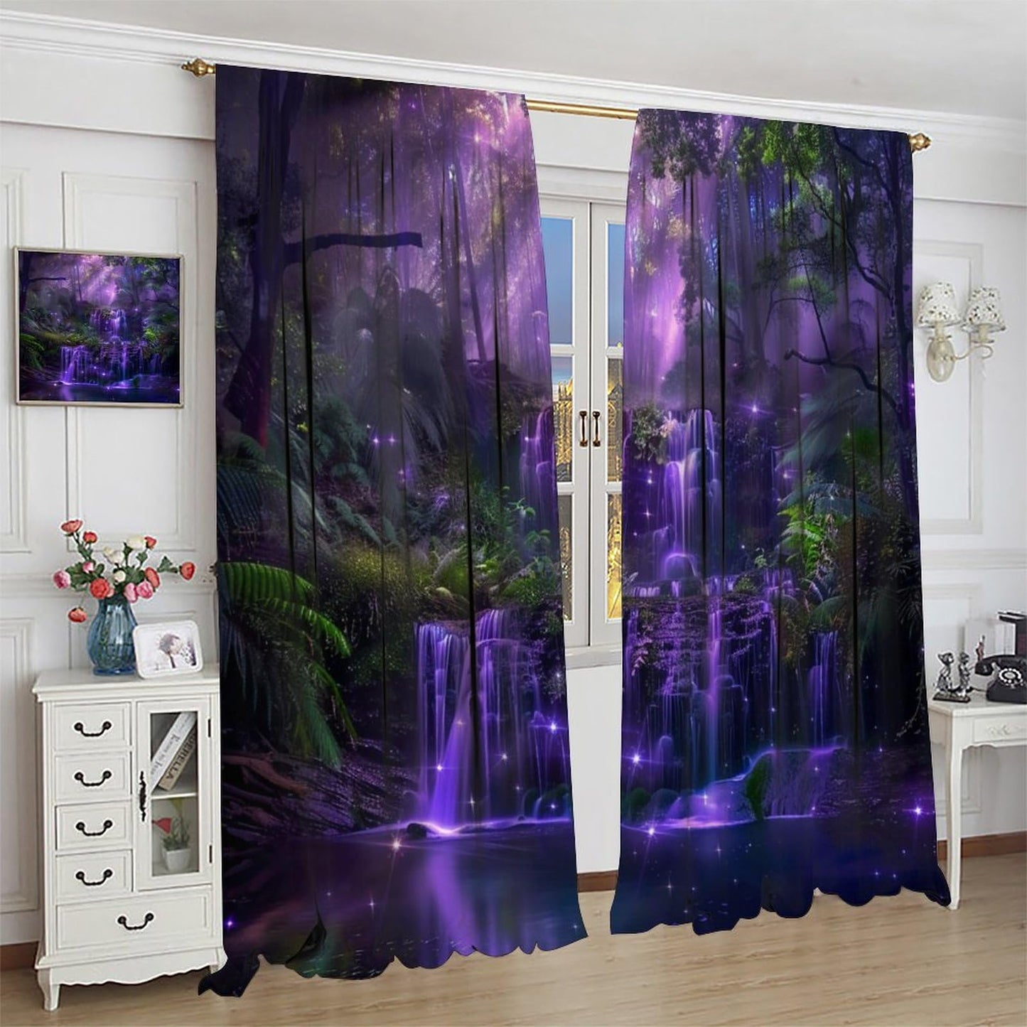 HZOHNAGO Enchanted Forest Curtains Fantasy Nature Purple Fireflies Waterfall Pattern Blackout Print Rod Pocket Window Drapes for Bedroom Living Room 42x45in