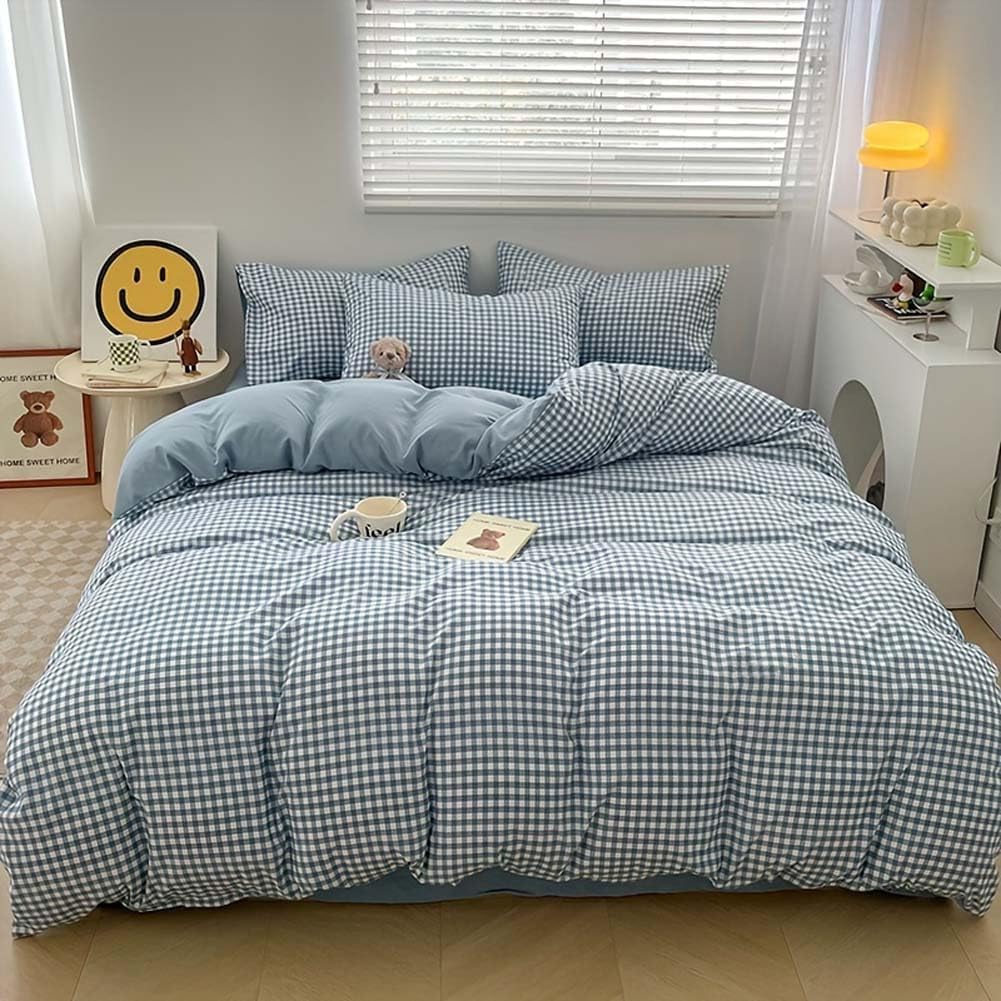 Sedefen Gingham Duvet Cover Queen Size Blue Striped Bedding Set 3Pcs Kids Boys Girls Geometric Stripes Grid Lattice Soft Breathable Microfiber Comforter Cover with 2 Pillowcases
