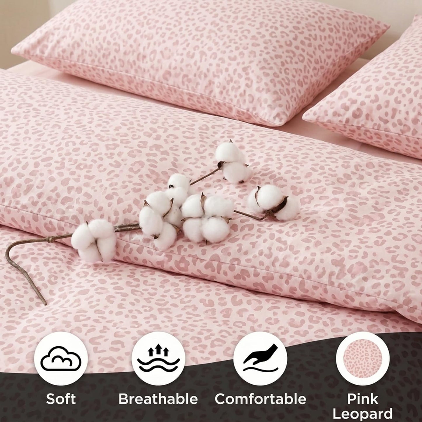 Cozaline 100% Cotton Duvet Cover Queen Size, Pink Leopard Print Bedding Set with Zipper Closure, African Wildlife Animal Skin Cheetah Print Comforter Cover with 2 Pillowcases for Women Men