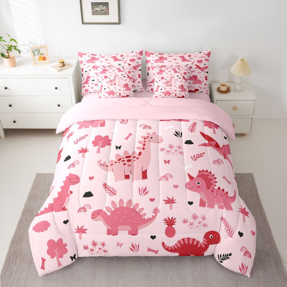 Feelyou Kids Pink Dinosaur Full Comforter Set with Sheets for Kids Boys Girls Cute Dinosaur 7 Pieces Bedding Set Cartoon Animal Bed in a Bag Room Decor Soft Lightweight Microfiber