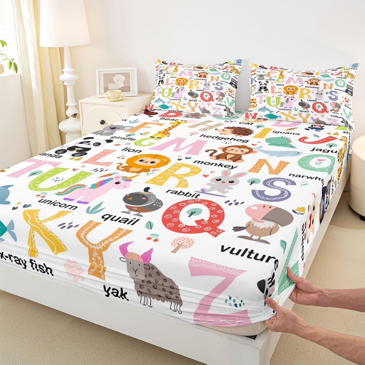 ABC Alphabet Bedding Set Twin Size for Boys Girls, Cartoon Animal Bed Sheet Set Cute Educational Learning Tool Fitted Sheet Learning Educational Bed Cover (1 Pillow Case and a Fitted Sheet)