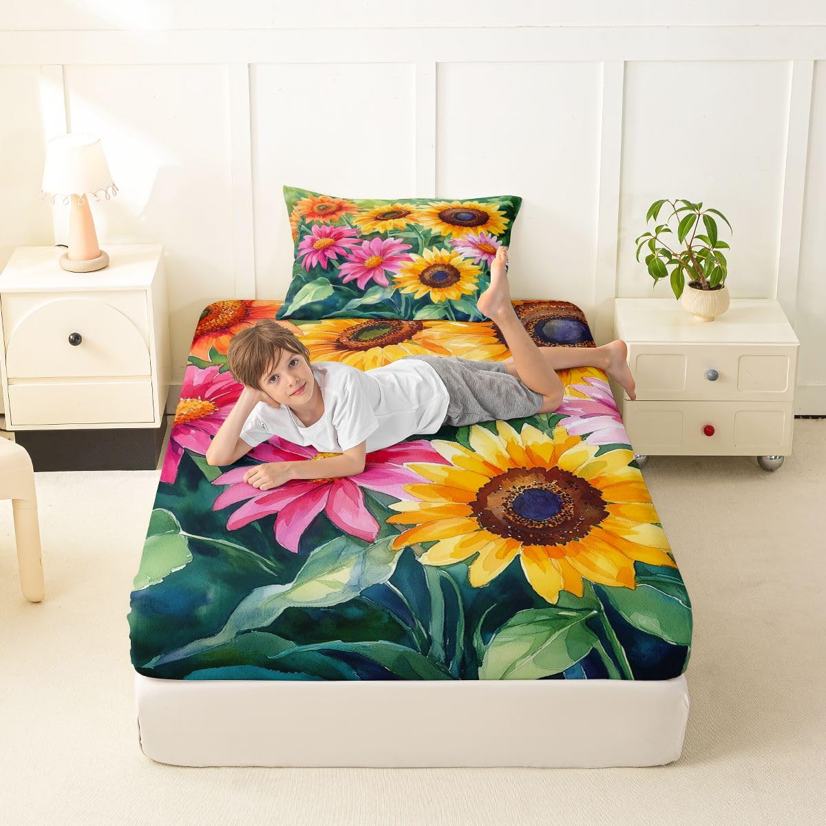 Erosebridal Spring Sunflower Bed Sheets Set Twin Watercolor Floral Sheet Set Green Watercolor Leaves Sheets Retro Boho Sunflower Flat Fitted Sheet