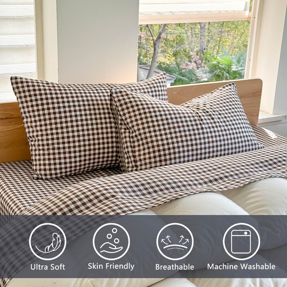 NSNLGSGC Mocha Gingham Full Sheet Set, Coffee Soft Brushed Microfiber Plaid Full Bed Sheets, 4-Pieces Grid Sheet Set with Deep Pocket