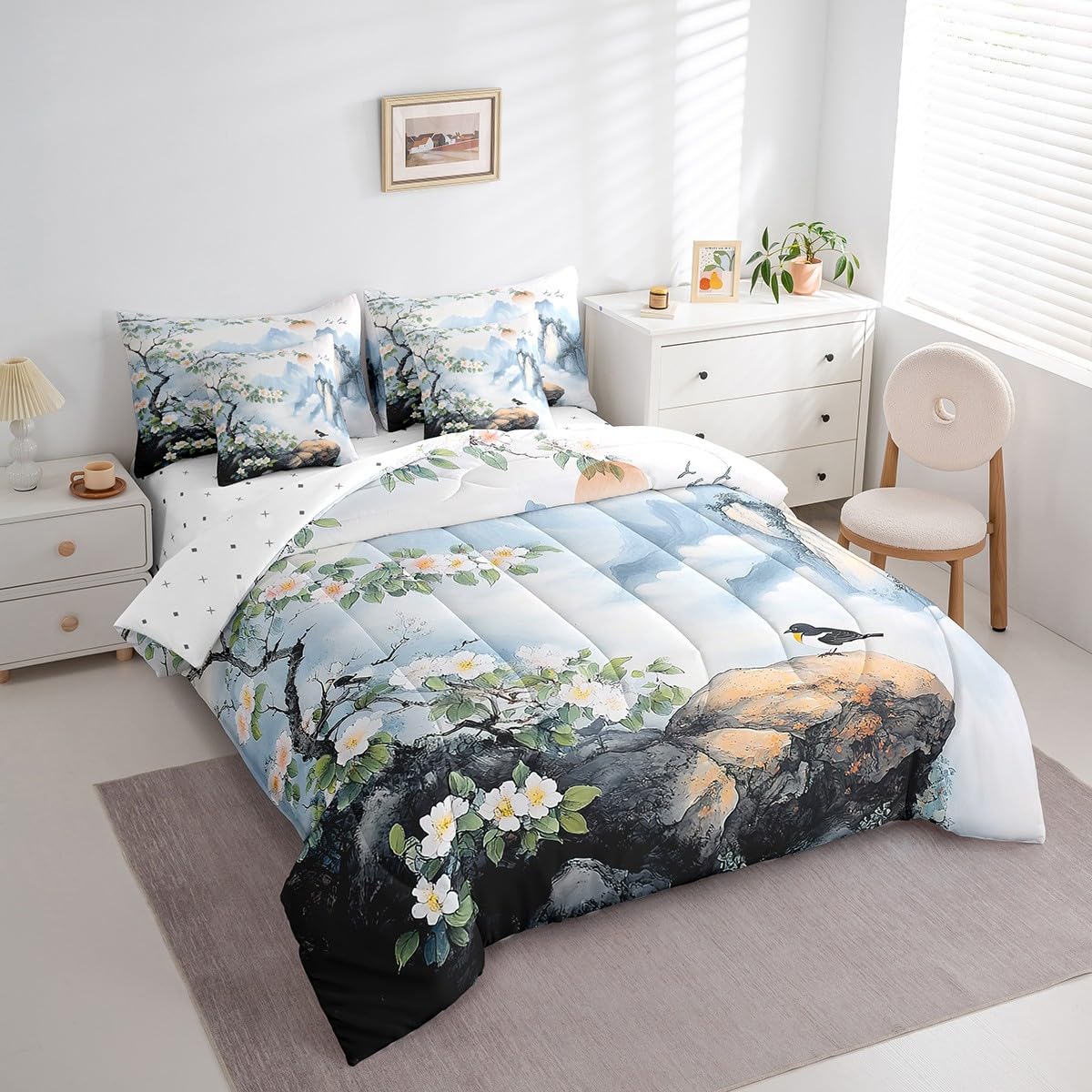 Feelyou Kids Cute Sparrow 7 Pieces Bedding Set Queen Size, Nature Spring Bed in A Bag Boys Girls Floral Botanical Comforter Set with Sheets Smoky Mountain Teens Bed Set Bedroom Decor 7Pcs