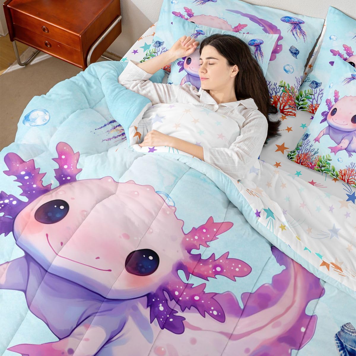 Erosebridal Coral Axolotl Blue Purple Ombre Girls 7 Piece Bedding Set Twin | Kawaii Cartoon Comforter Set with Sheets Ocean Sealife Cute Bed in A Bag Salamander Bed Sets