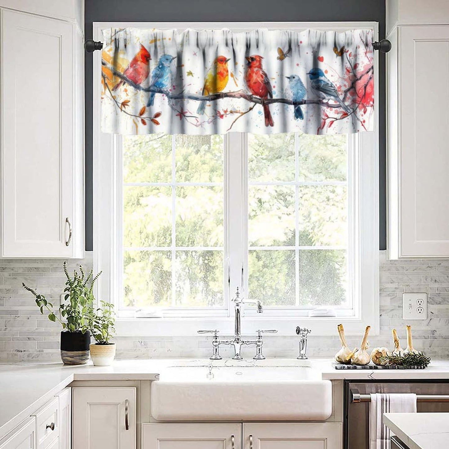 Yearn Jear Spring Bird Flowers Kitchen Curtain Valance,Floral Nature Animal Colorful Birds Rod Pocket Curtain Valance for Kitchen, Bathroom, Living Room, Bedroom 54 X 18 inch 1 Panel
