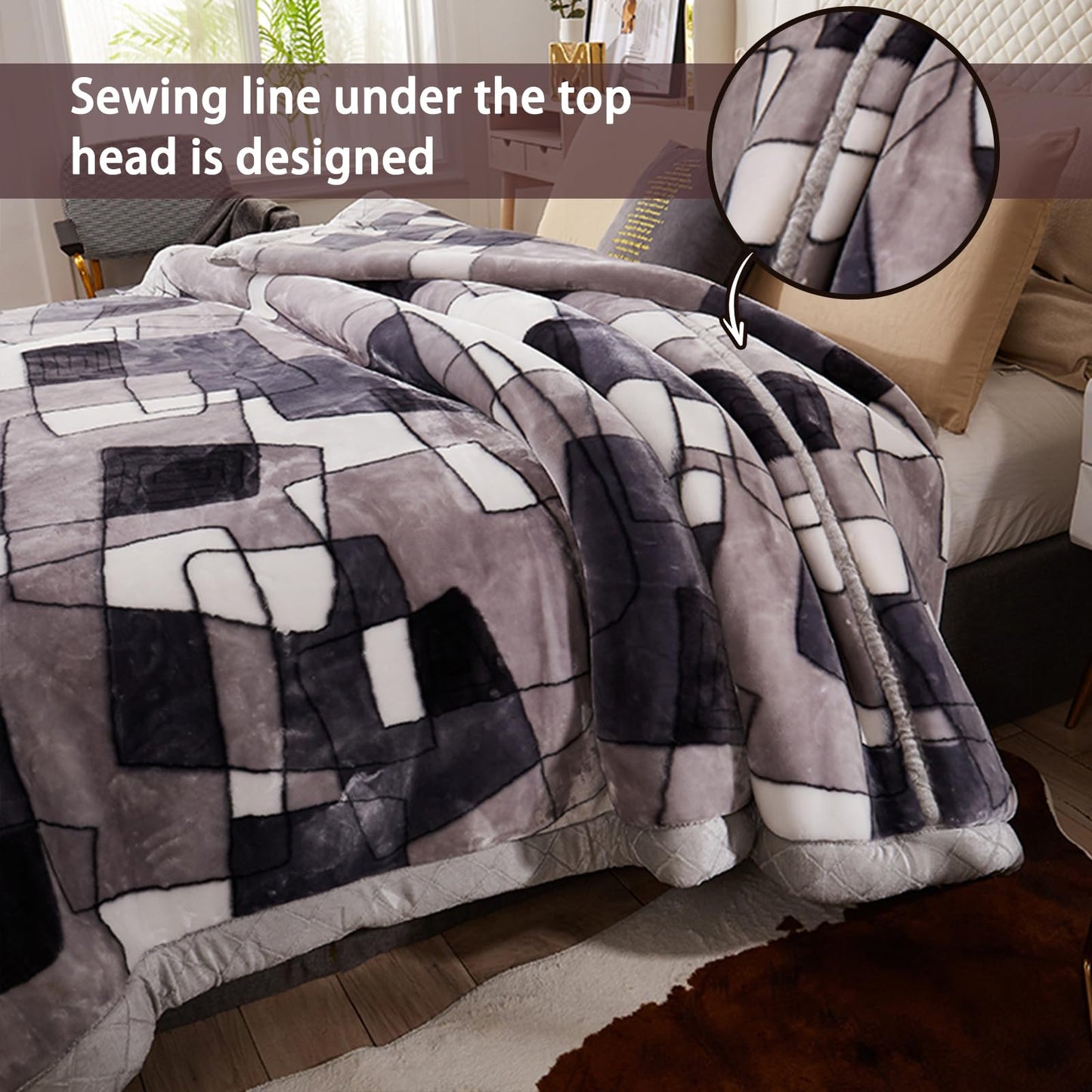MODUSKYE Heavy Blankets, Korean Heavy Thick Blanket Plush 78x90 inch 2 Ply Bed Blankets with Geometic Pattern 7.7 LBS Queen Soft Cozy Raschel Blanket for Autumn Winter (Grey+White)