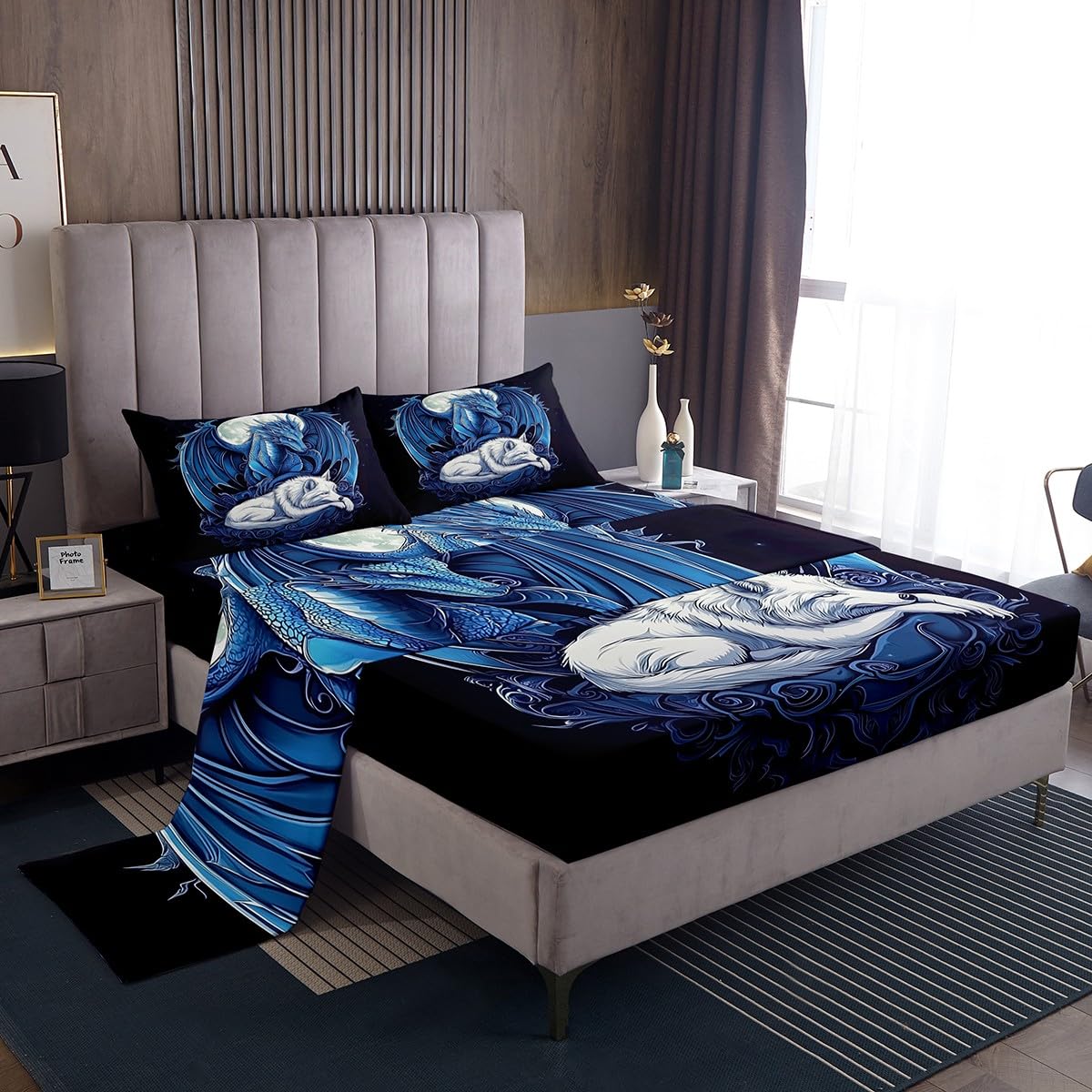 Erosebridal Dragon Bed Sheets Set Twin Size for Boys, Wolf Animals Bedding Set, Tribal Exotic Wildlife Flat Fitted Sheet for Boys Adult Men Room, Moon Starry Sky Bed Set, Black Blue