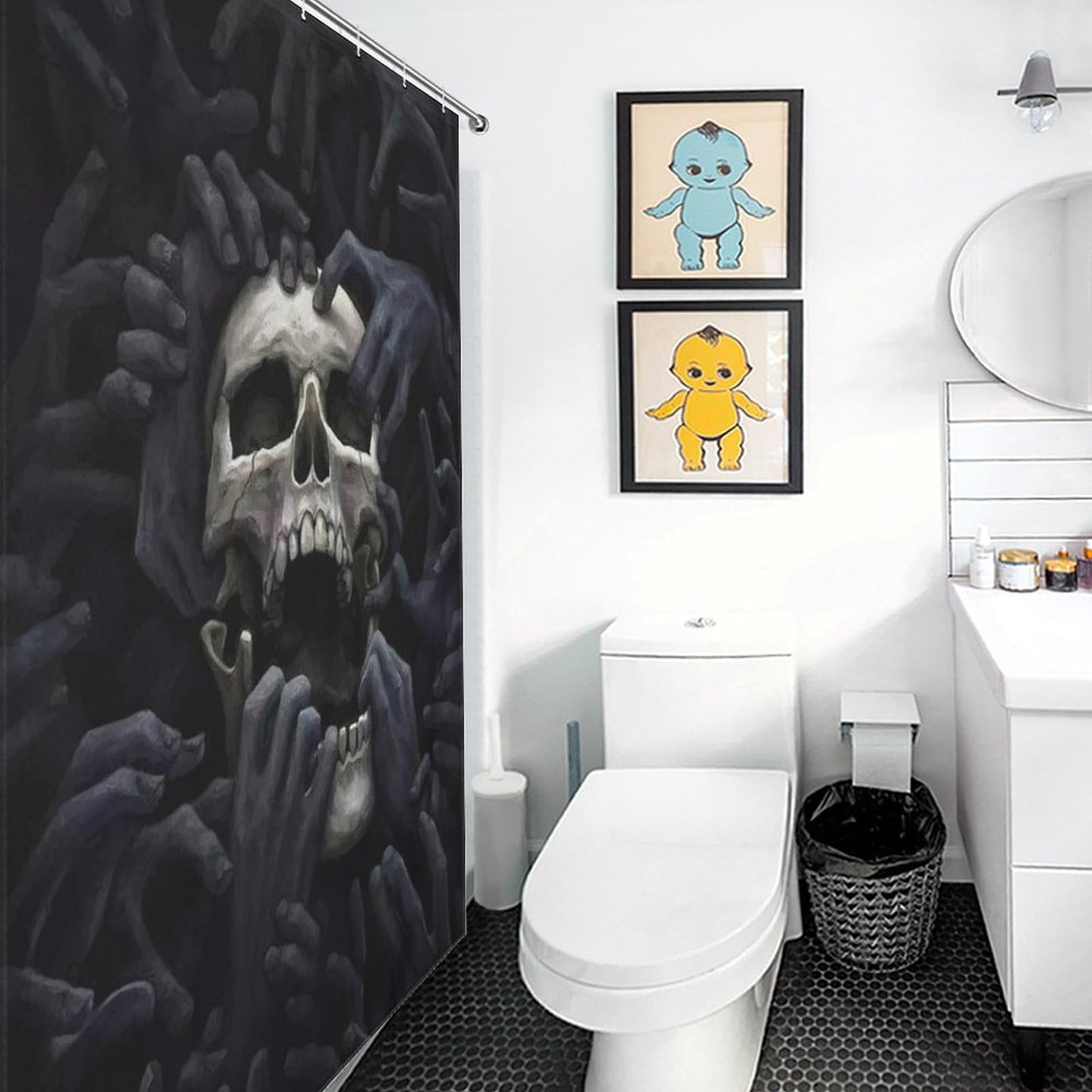 GoDazzling Gothic Skull Shower Curtain, Scary Spooky Halloween Skeleton Shower Curtain Sets for Bathroom Fabric Bath Curtain 12 Hook 55x72Inch（140x183cm）