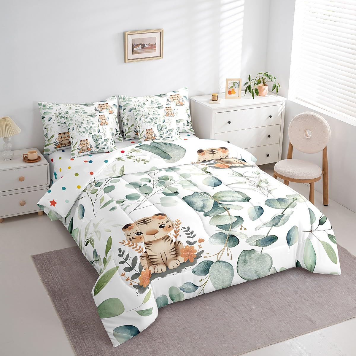 Erosebridal Kids Cute Animal King Comforter Set 7 Pieces for Girls Boys Cartoon Tiger Bedding Comforter Sets, Eucalyptus Bed in a Bag Watercolor Leaves Bedding Set, Kawaii Jungle Animal Bed Sheets Set