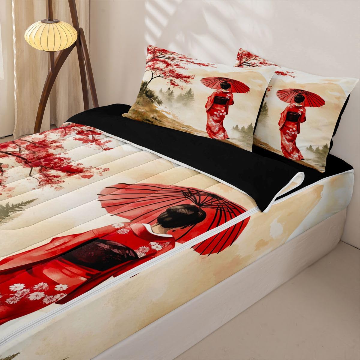 Erosebridal Geisha Zip Up Bedding Comforter Sets Twin Size, Japanese Geisha with Umbrella Comforter in One Zipper - Red Cherry Blossoms Bedding Set with Pillowcases