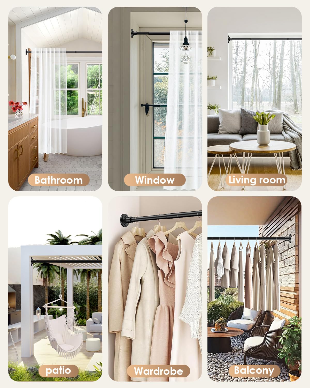 Outdoor Curtain Rod 30-96 in (8ft) No Drilling Adjustable Tension Black Shower Curtain Rod 1.1" Diameter Stainless Steel, Rustproof Heavy Duty, Room Divider for Bathroom Window Patio Closet