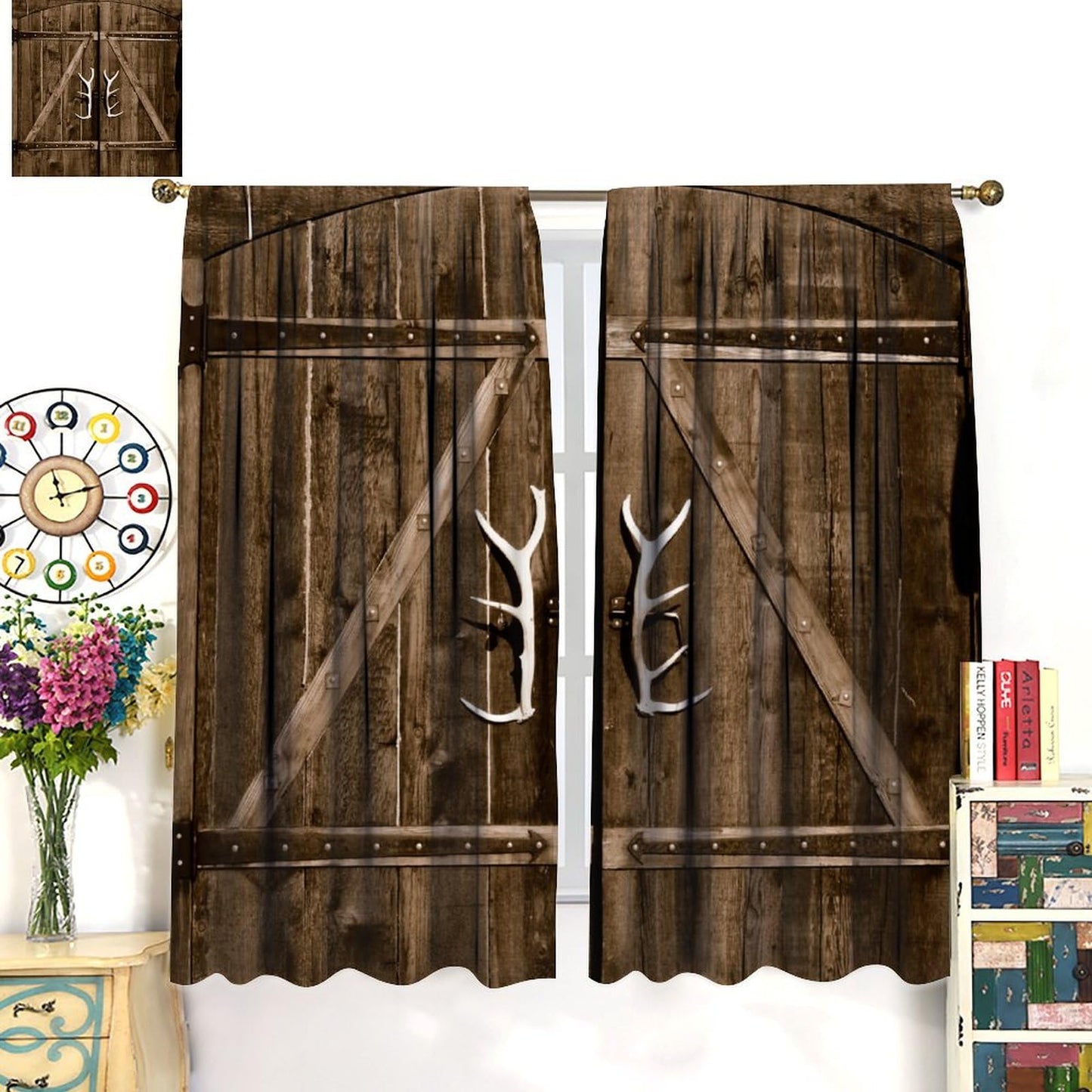 Rustic Window Curtains, Old Barn Door Wooden Board for Living Room Bedroom Kitchen, Rural Hardwood Farmhouse Western Retro Drapes Set 2 Panels,42x45 Inches