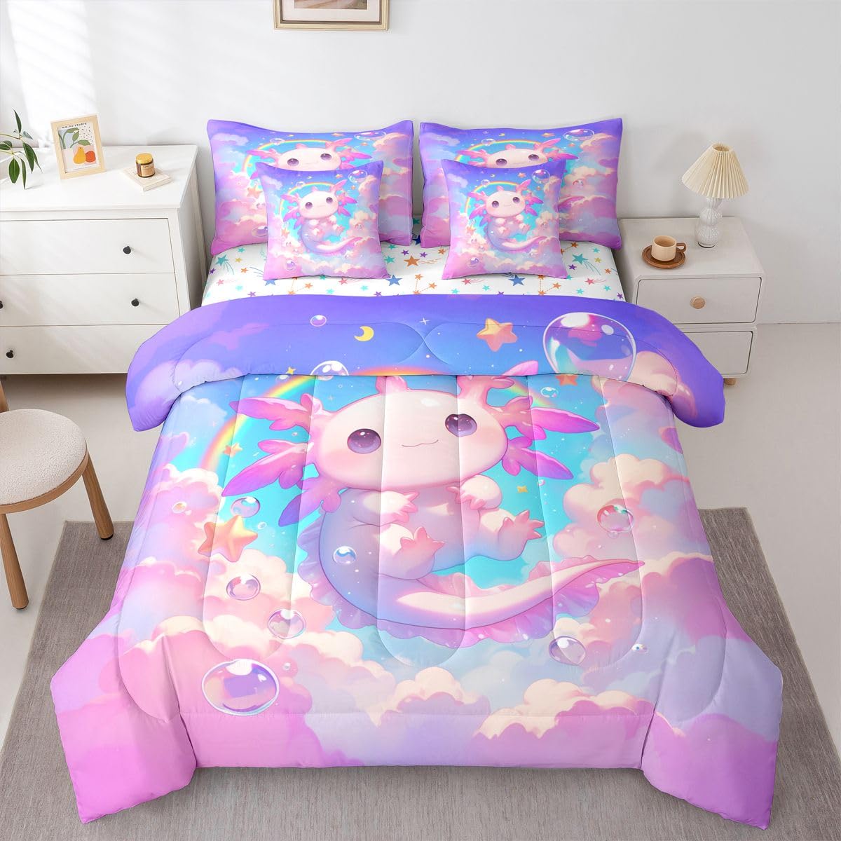 Erosebridal Kids Pink Axolotl Twin Size Bedding Set Princess Cute Axolotl 7 Pieces Comforter Set with Sheets for Girls Teens Dreamy Stars Rainbow Bed in a Bag Bubble Blue Sky Cloud Bed Sets