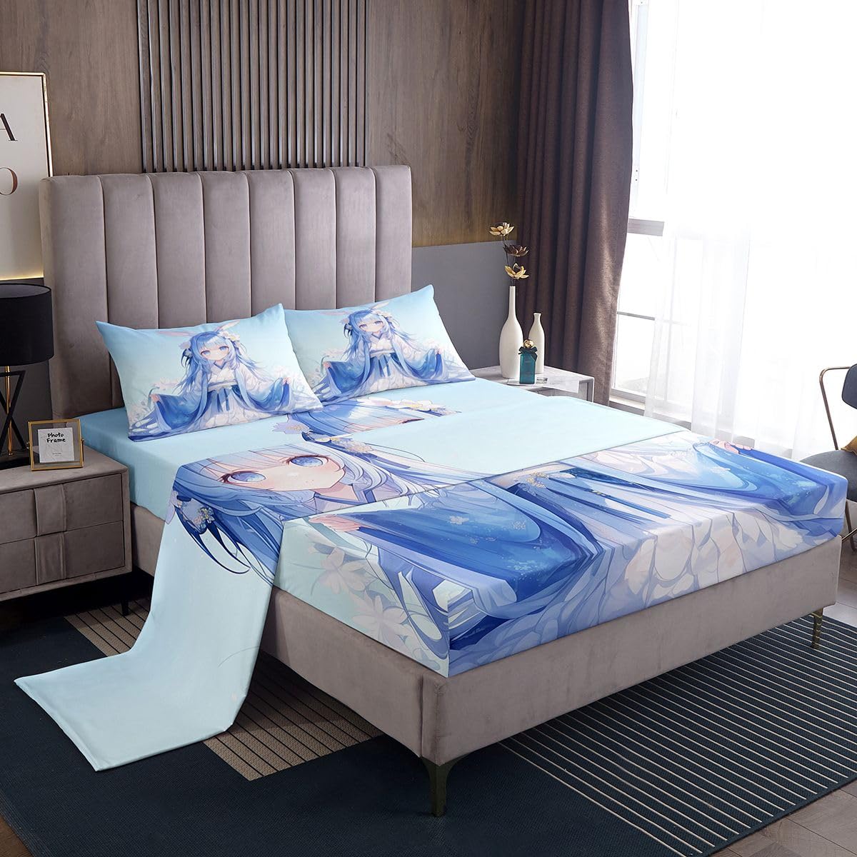 Traditional Japanese Girl Sheet Set Kawaii Decor, 3D Anime Girl Bed Sheets Set Cartoon Japanese Girl Bedding Set, Blue Butterfly Decorations Sheets Twin, 1 Flat Sheet 1 Fitted Sheet 1 Pillow Case