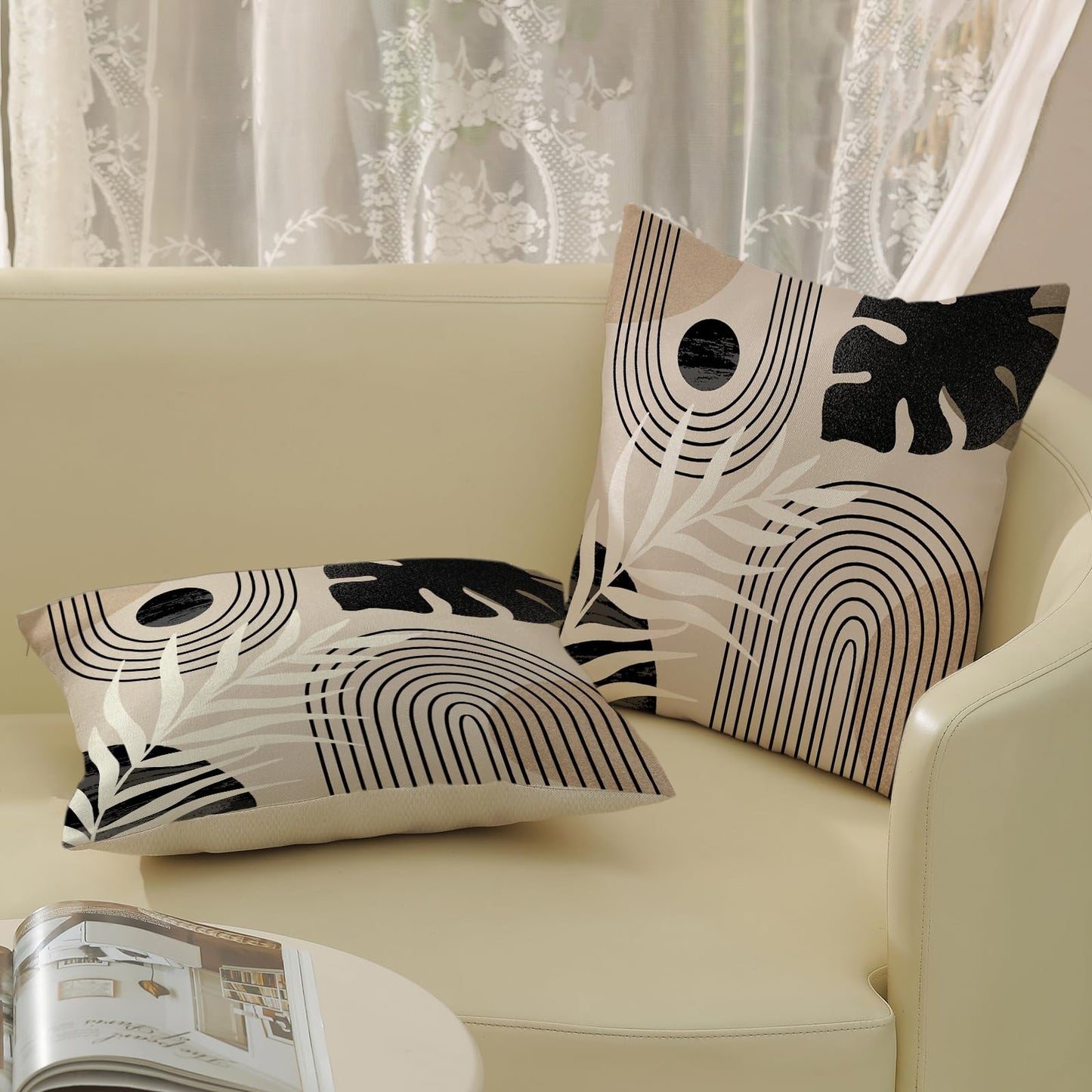 JEFERSO Boho Pillow Covers 18x18 Set of 2 Mid Century Black Beige Tropical Leaf Throw Pillow Covers Outdoor Decor Modern Abstract Decorative Pillow Cases Farmhouse Linen Cushion Case for Couch Sofa