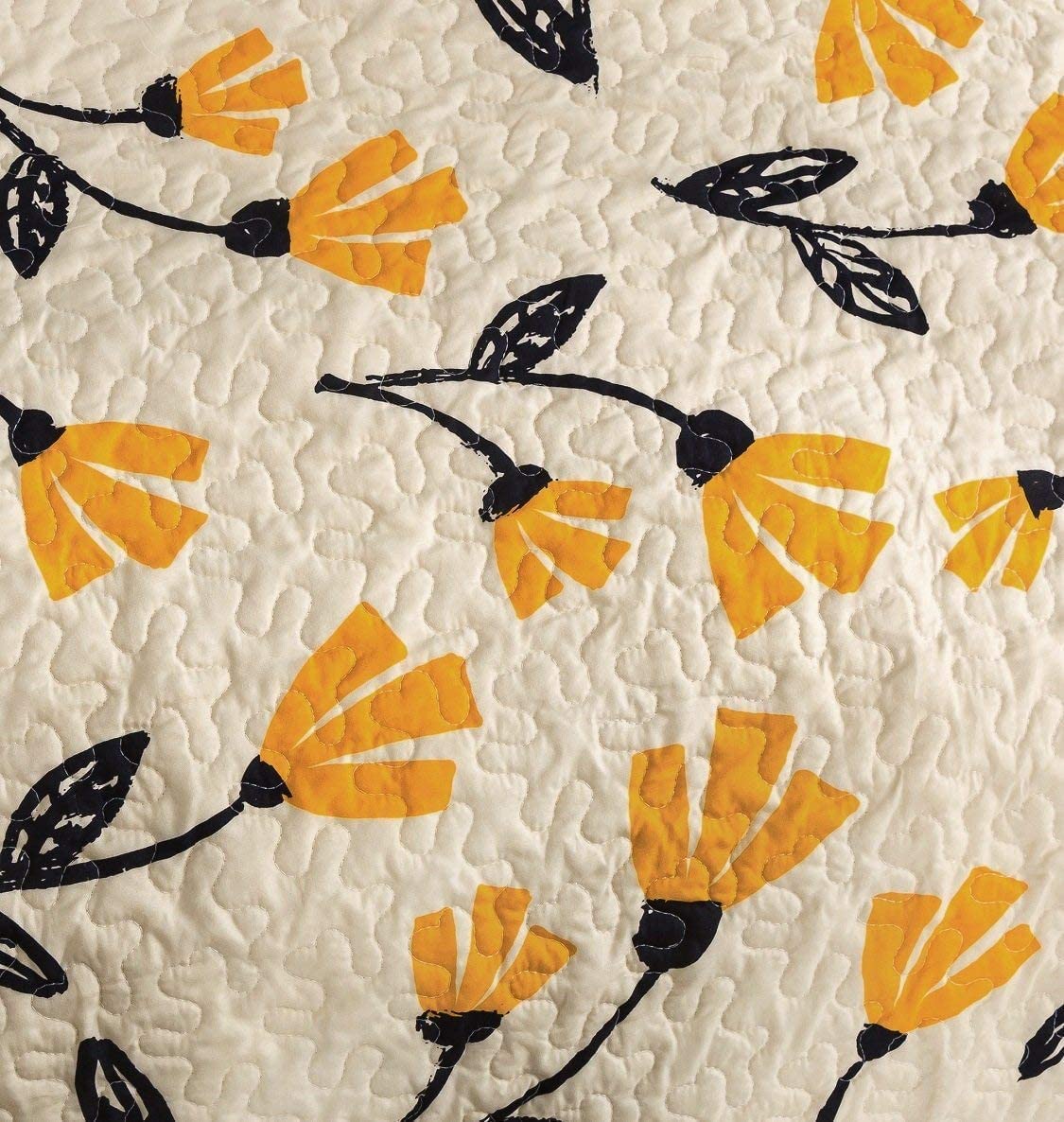 DaDa Bedding Botanical Floral Bedspread Quilt - Yellow Fleur Golden Yellow Spring Time Tulips Quilted Coverlet Set - Scalloped Edges Bright Vibrant Ivory Cream - King Size - 3-Pieces