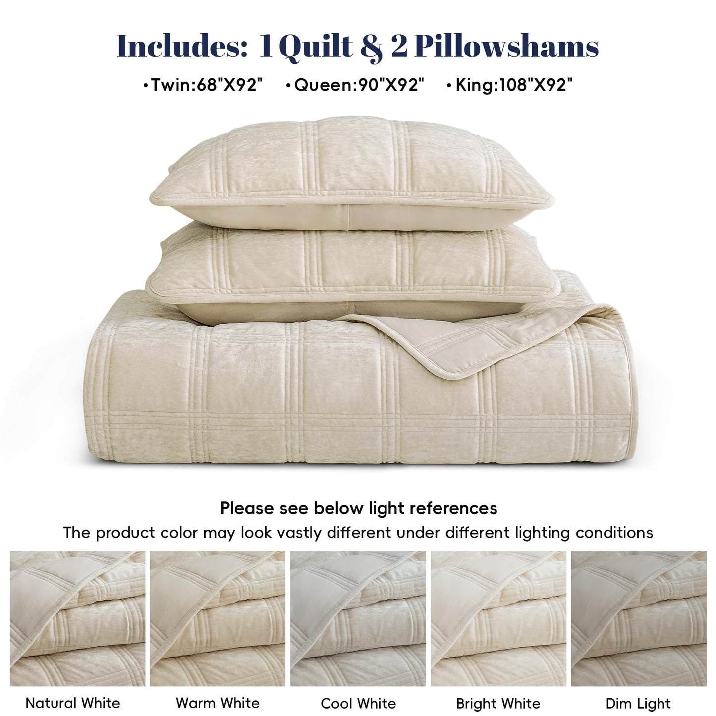 PHF Ultra Soft Velvet Quilt Set Queen Size – 3PCS Luxurious Cozy Quilted Comforter Alternative with Diamond Pattern, Warm Quilted Bedspread Coverlet, 90" x 92", Sand