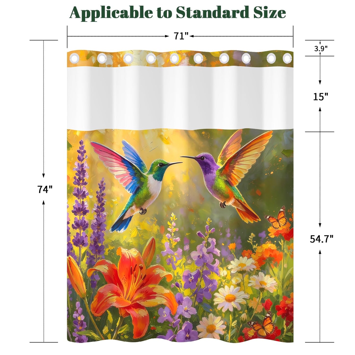 Xiazhilaio Hummingbird & Floral Shower Curtain Snap in Liner, 71x74 Inch