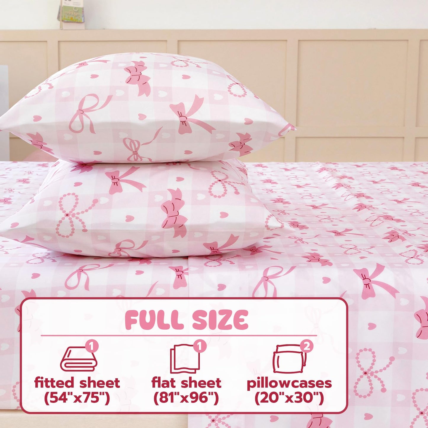 Homilay Full Sheet Set Kids - Pink Check 4 Pieces Soft Microfiber Cartoon Style Bedsheets for Boys Girls Teens, Oeko TEX Breathable 15 Inch Deep Pocket Sheets(Pink Bow)