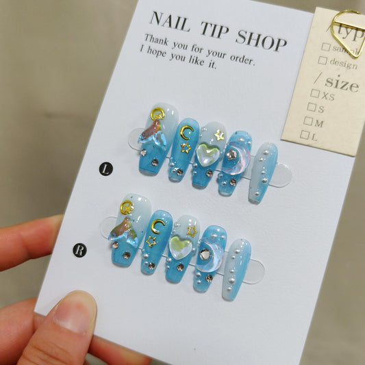 TENPAL Blue Mermaid Ombre Handmade Press on Nails Coffin,10Pcs 3D Glowing Hearts Seashells Designs Glue on Nails Kit,Ocean Siren Vibes Fake Nails for Summer, Sea Nails for Dressing(XS)