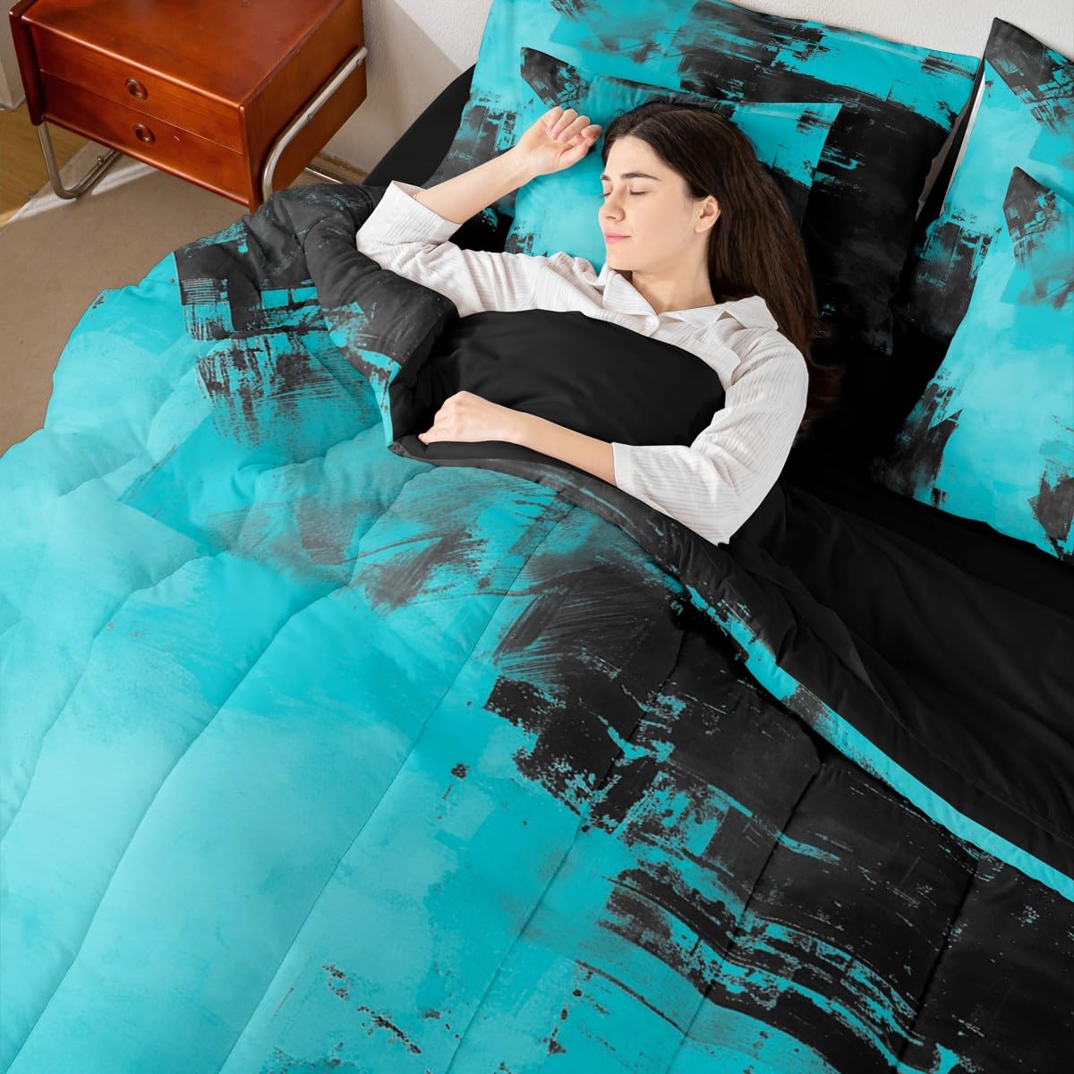 Feelyou Abstract King Comforter Set with Sheets for Kids Boys Girls Modern Abstract Art 7 Pieces Bedding Set Luxury Bed in a Bag Geometric Room Decor Lake Blue Soft Lightweight Microfiber