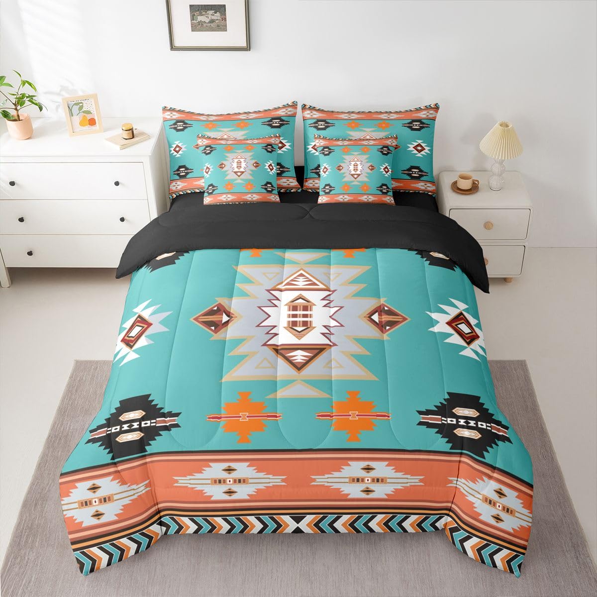 Erosebridal Western Twin Comforter Set with Sheets | Southwestern Decor Geometric 7-Piece Bedding Set Farmhouse Aztec Bed in a Bag, Stripes Diamond Triangle Bed Sets,Teal