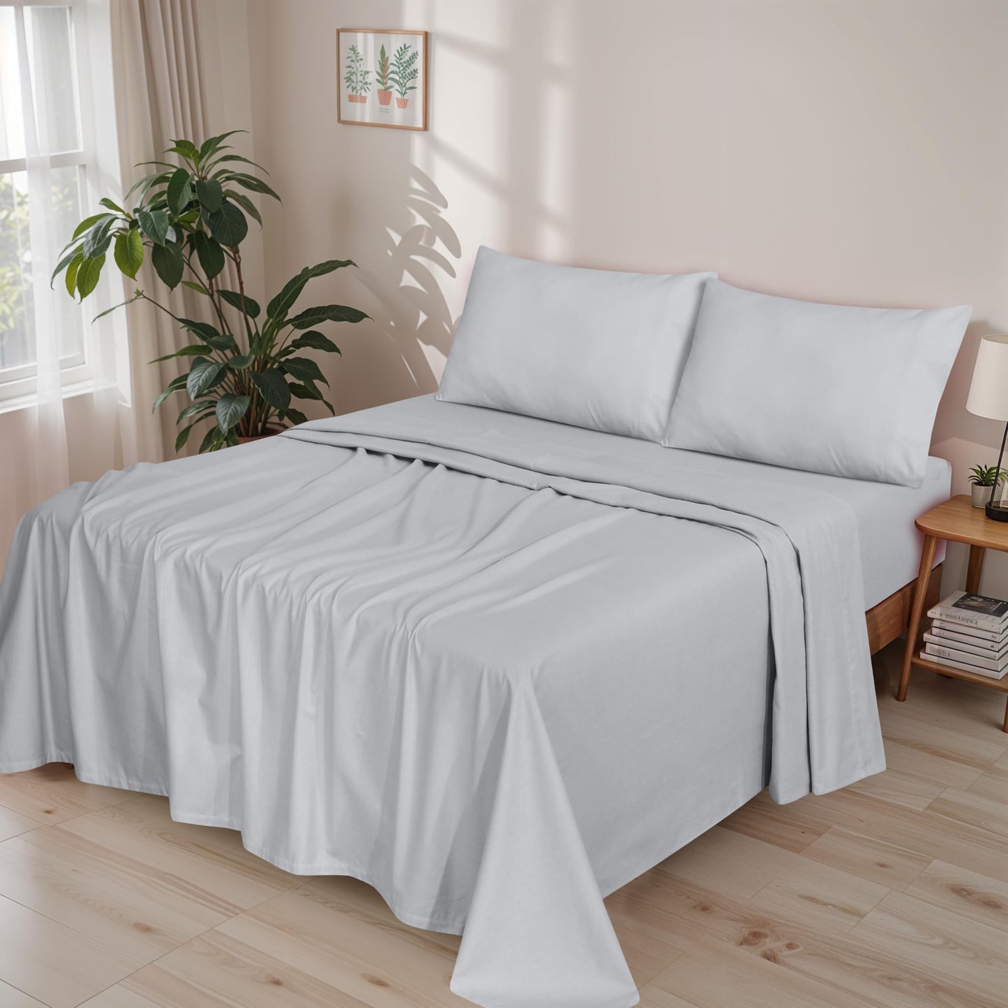 RUVANTI Flannel Sheets Queen Size - GOTS Certified 100% Organic Cotton, 4 Piece Warm, Soft & Breathable Set, Deep Pocket Snug Fit, Double Brushed Cozy All Season Bedding, Light Grey