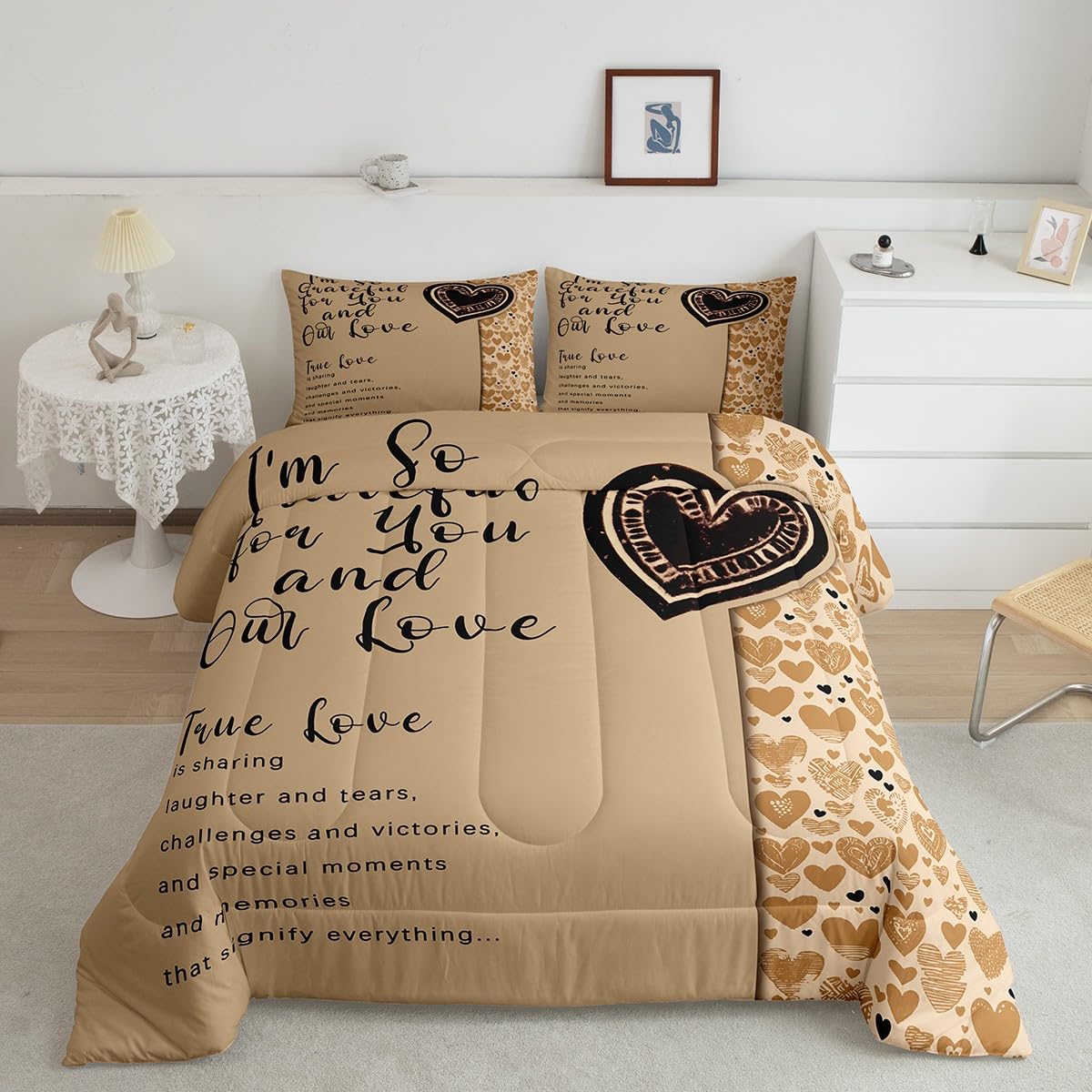 Erosebridal Romantic Motto Bedding Queen,Love Hearts Comforter Set for Lovers Couple,Valentine Gifts Down Comforter,True Love Bedding Comforter Sets for Wedding Engagement