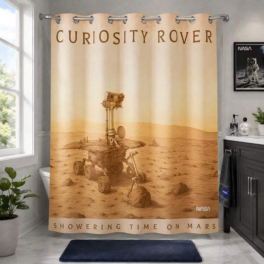 DRIFTED ROOT NASA Licensed No Hook Shower Curtain Set, Curiosity Rover Mars Vintage Poster Design, Space Poster Art, Oxford Cloth, Bathroom Hotel Decor (Curiosity-Khaki, 72" W x 74" L (Pack of 1))