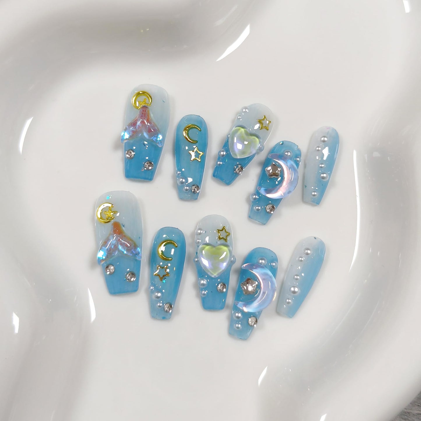 TENPAL Blue Mermaid Ombre Handmade Press on Nails Coffin,10Pcs 3D Glowing Hearts Seashells Designs Glue on Nails Kit,Ocean Siren Vibes Fake Nails for Summer, Sea Nails for Dressing(XS)