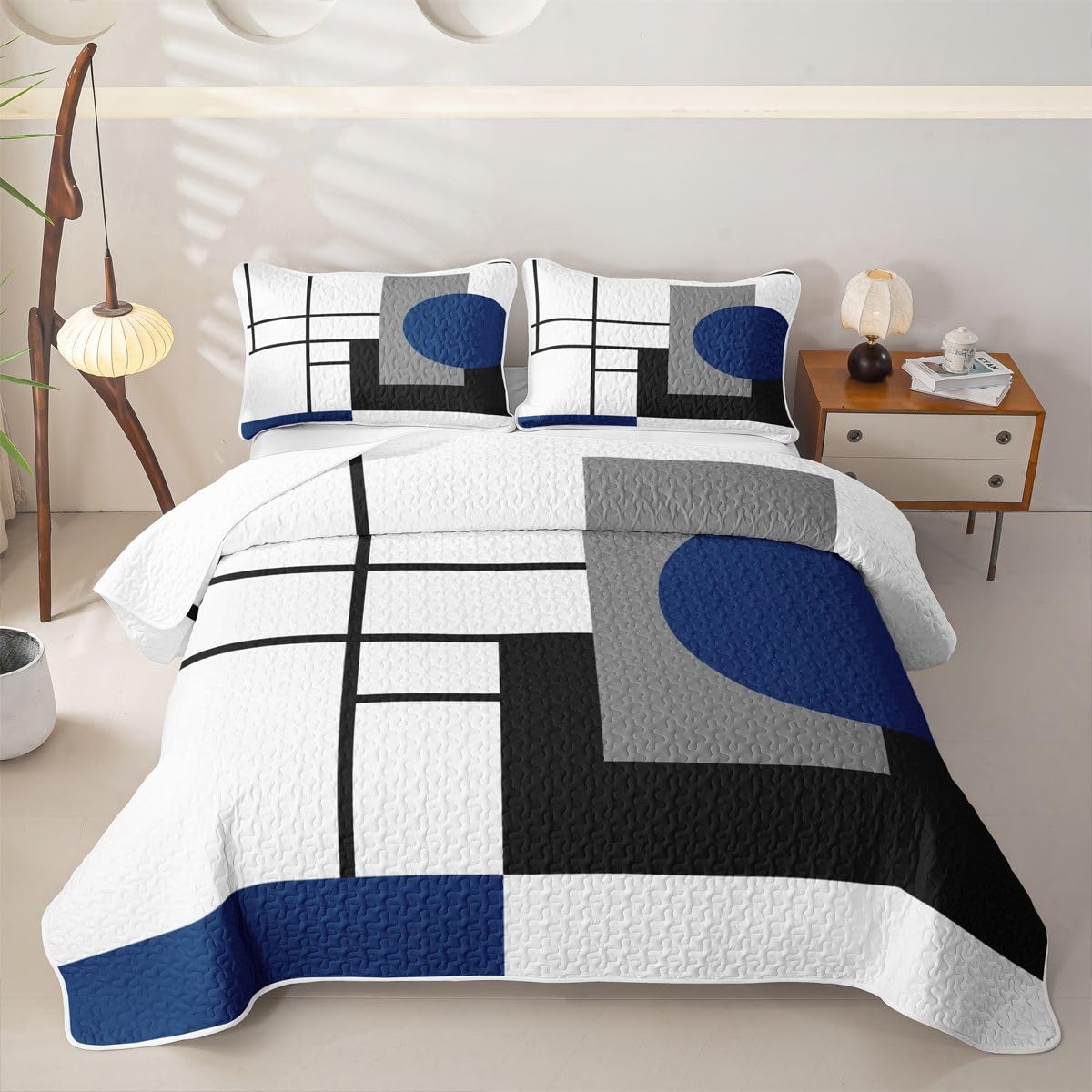 Erosebridal White Black Blue Striped Quilt Set Boho Modern Geometric Abstract Quilt Twin Stripes Lines Quilted Bedspread with 1 PillowcaseMinimalist Square and Circle Coverlet