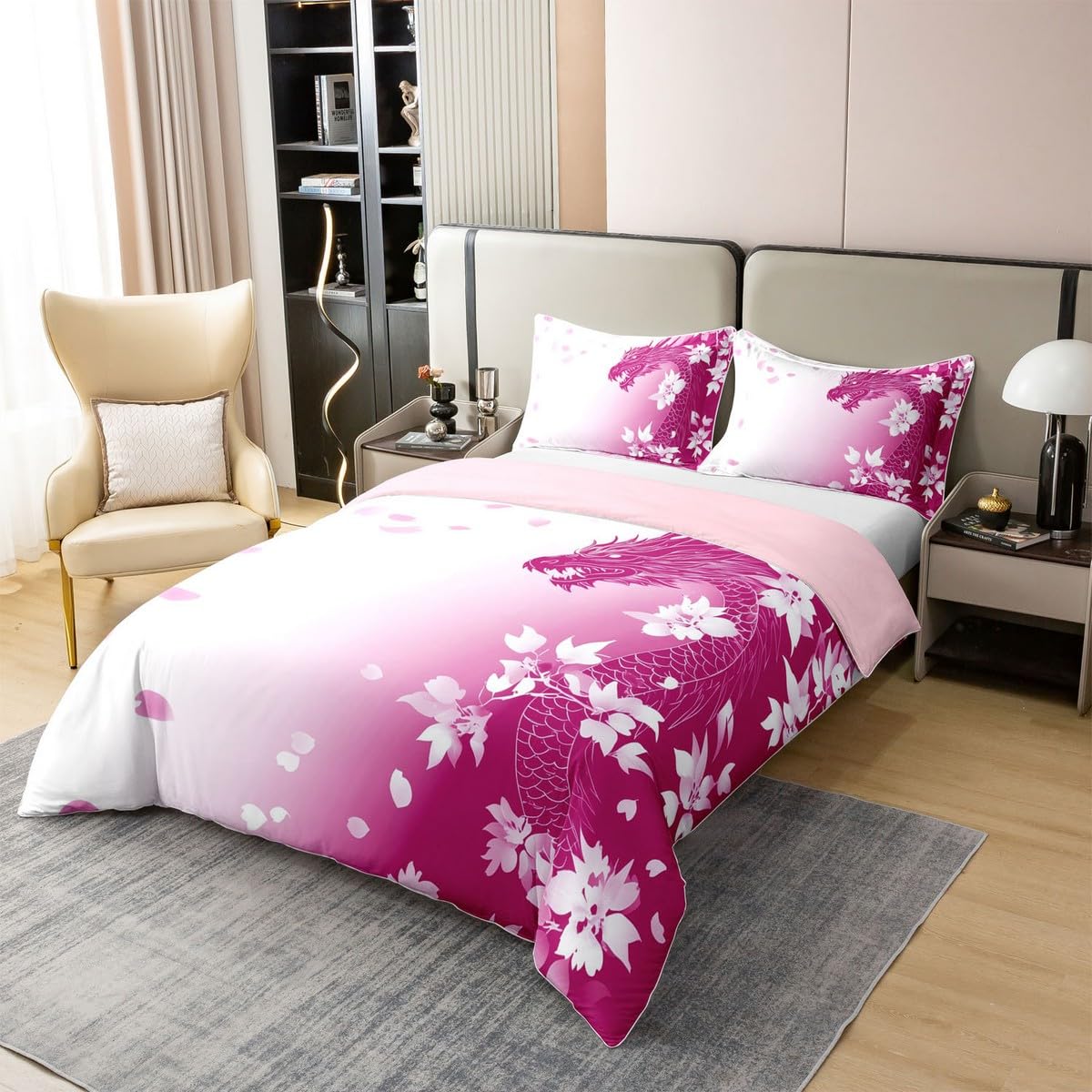 Erosebridal Pink Fantasy Dragon Duvet Cover Twin Size 100% Cotton Pink White Gradient Princess Comforter Cover for Kids Girls Teen,Wildlife Animal Bedding Set Dreamy Aesthetic Cherry Blossom Bed Set