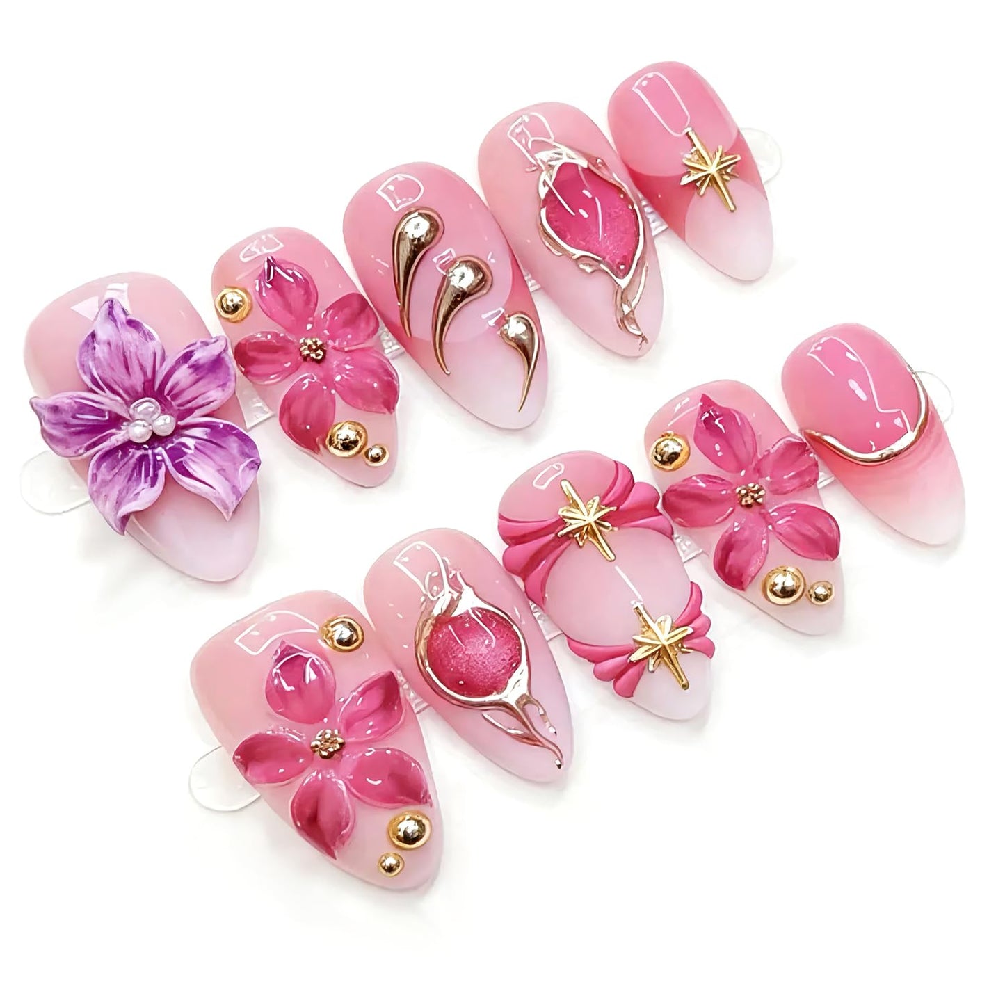 30Pcs Pink Flowers Press On Nails Medium Almond Fake Nails 3D Flower Hand-Painted Gold Ombre Effect,French Tip Press Ons Handmade Elegant Set False Nails Spring Summer for Women