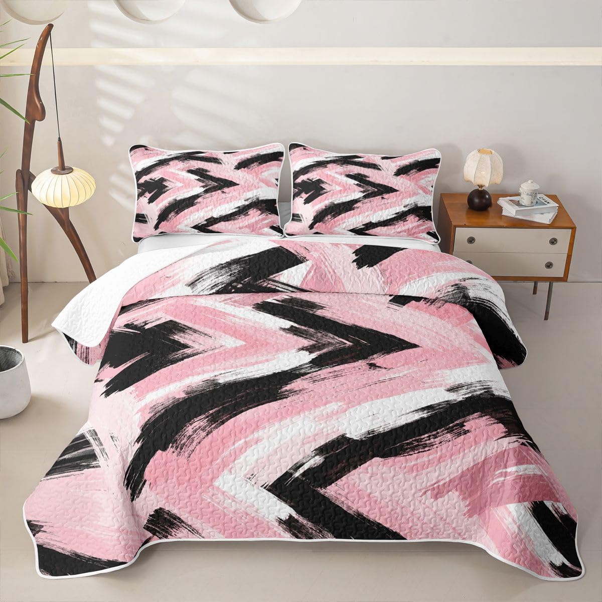 Feelyou Pink Black White Bedding Set Kids Abstract Quilt Sets Queen Size Modern Stripes Bedspread Coverlet for Room Soft Modern with 2 Pillow Case