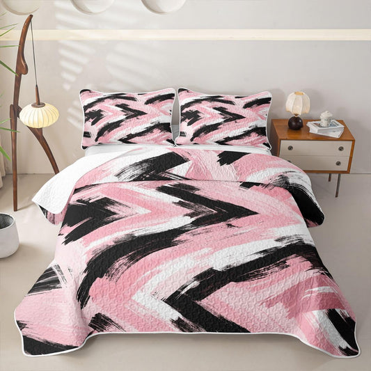 Feelyou Pink Black White Bedding Set Kids Abstract Quilt Sets Queen Size Modern Stripes Bedspread Coverlet for Room Soft Modern with 2 Pillow Case