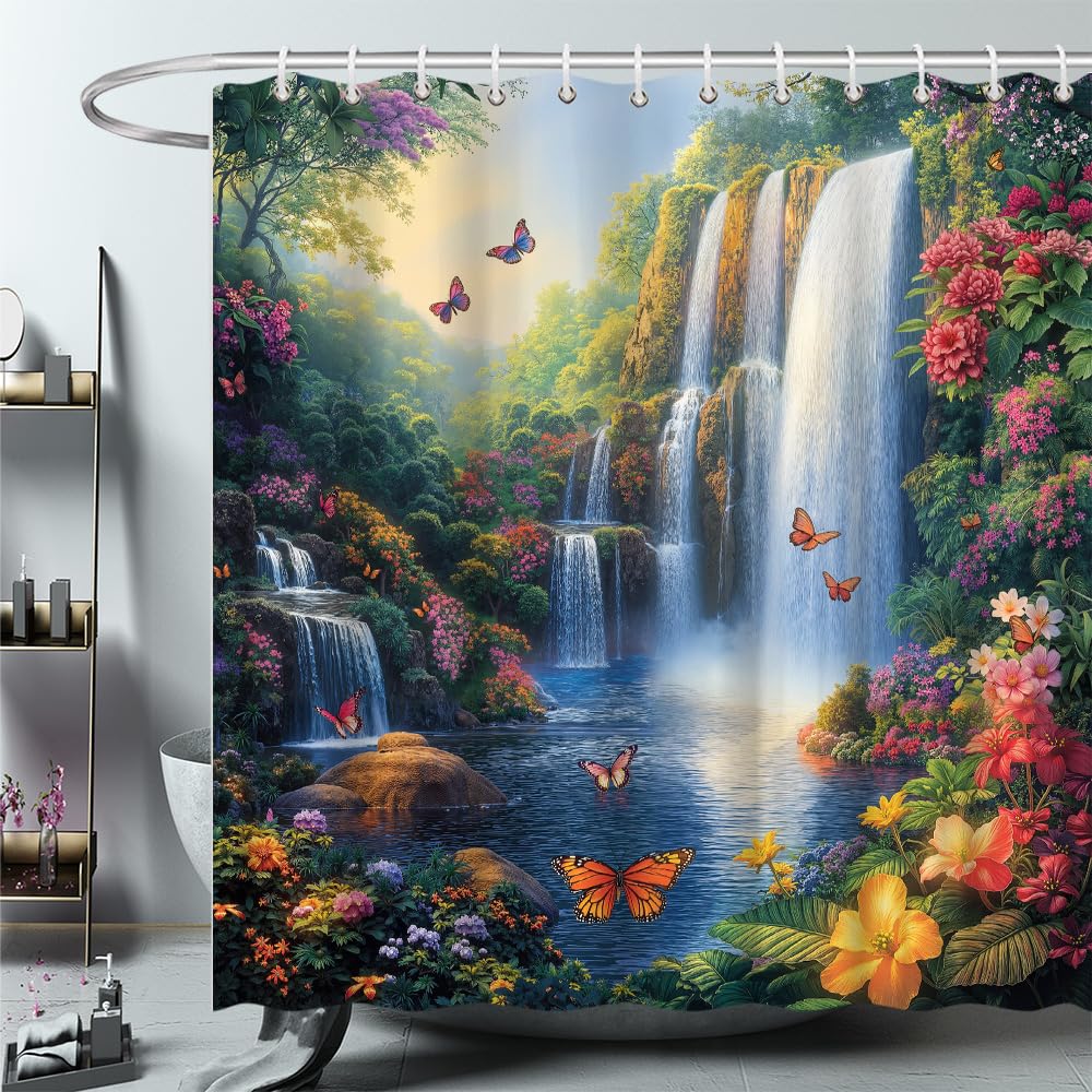 ZFMRZF Forest Waterfall Shower Curtain Butterfly Spring Jungle Rainforest Wonderland Fantasy Tropical Fairy Tale World Flower Nature Landscape Bathroom Polyester Curtains Set with Hooks 70x70 Inch