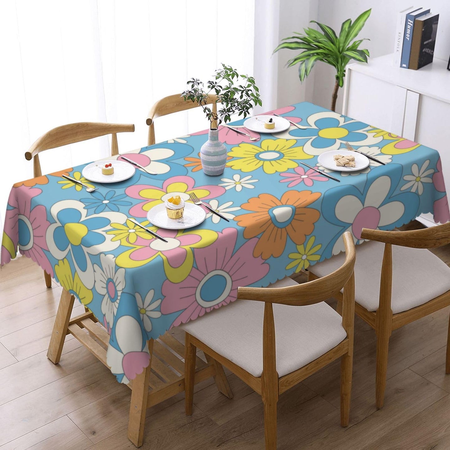 DRAVVIX Daisy Retro Groovy Rectangular Tablecloth Flower Table Cloth with Wavy Lace Decoration Polyester Table Cover for Dining, Parties 54x72 inch