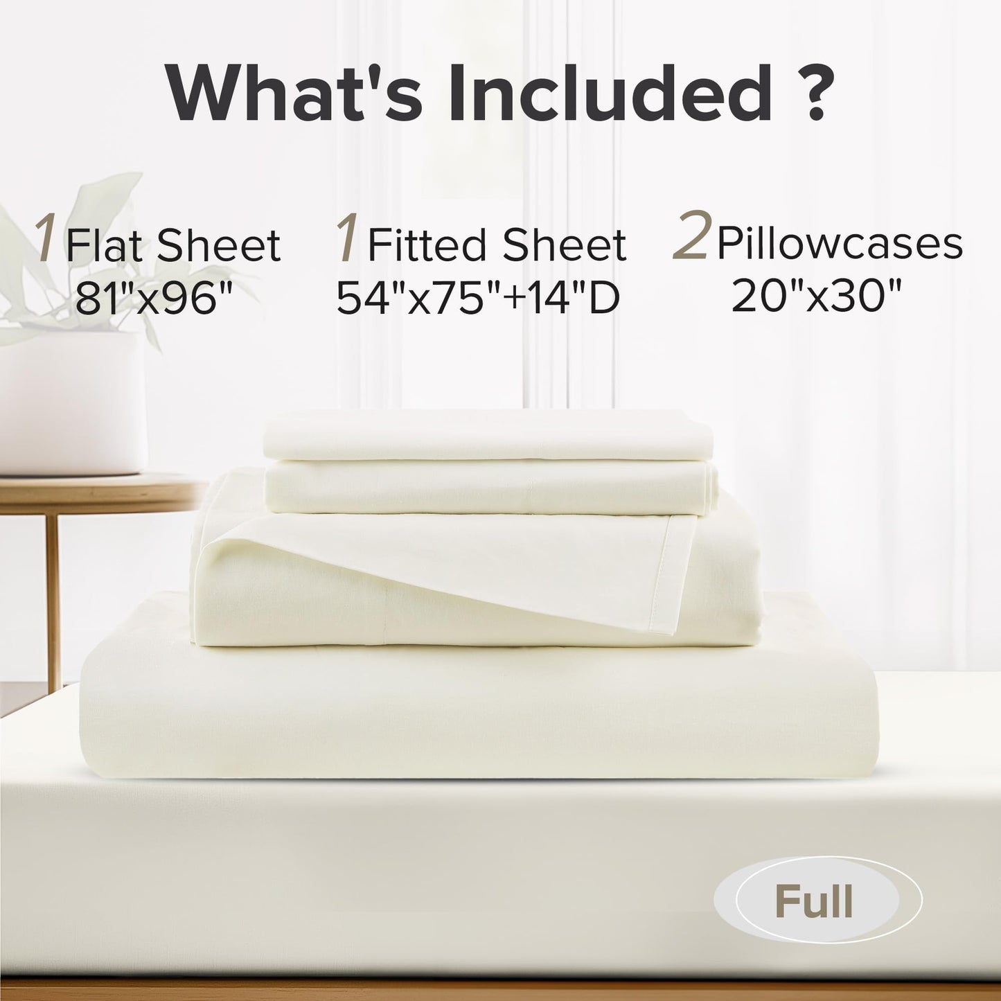 Comfort Spaces 100% Cotton Sheets Full, Breathable & Ultra Soft Cotton Sheets, Naturally Cool Cotton Bed Sheets with 14" Elastic Pocket Fits up to 16" Mattress, All Season Sheet Set, Ivory 4 Piece
