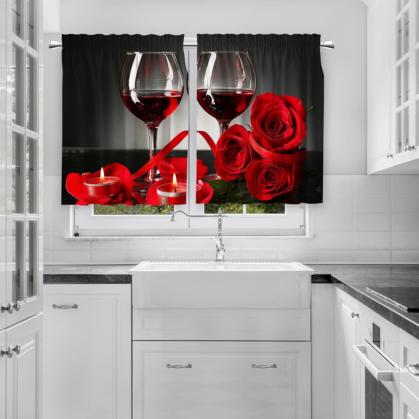 FNLNDO Red Wine Rose Kitchen Curtains and Valances Set 3 Pieces Red Rose Kitchen Curtains Floral Window Treatments for Cafe Living Room