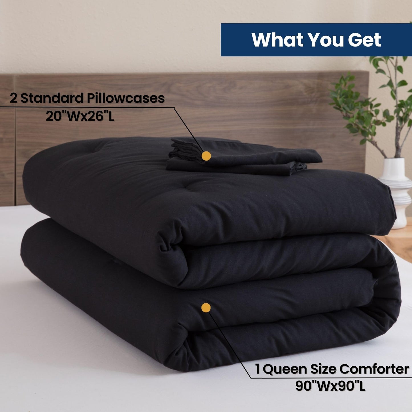 Paxrac Black Queen Comforter Set, Modern 3 Pieces Comforter Set, Lightweight & Fluffy Solid Bedding Set Queen Size, All Seasons Soft Breathable Queen Comforter Set (90x90In Comforter & 2 Pillowcases)