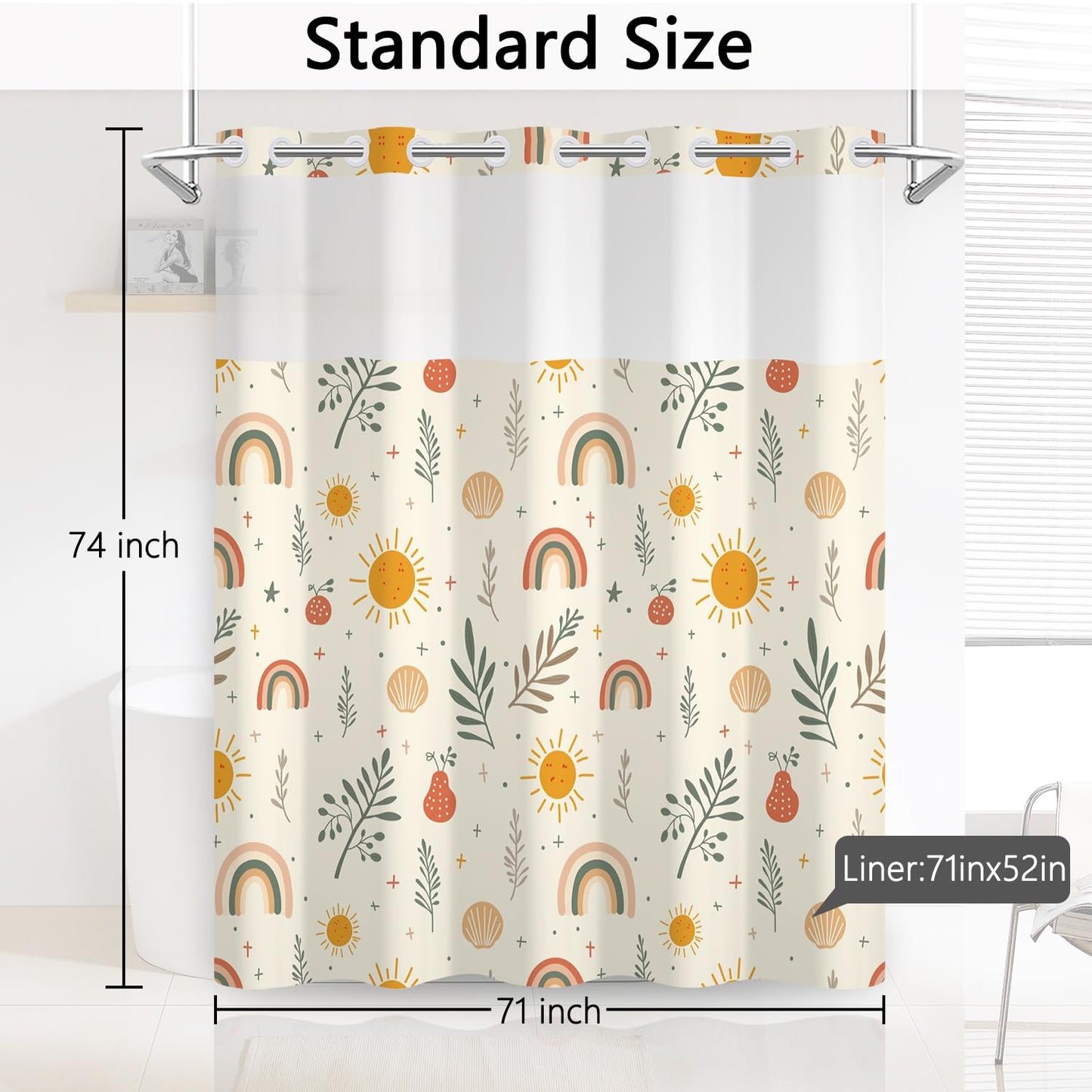 NAEMBCU Boho Kids No Hook Shower Curtain with Snap in Liner 71x74 Inch