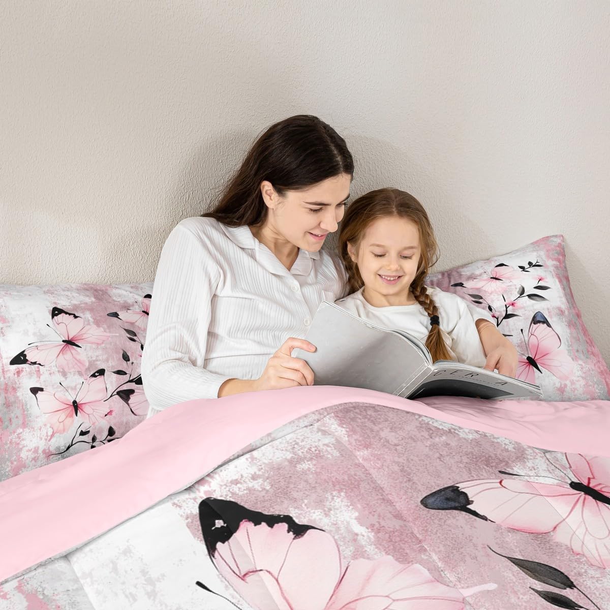 Erosebridal Abstract Oil Painting Queen Comforter Set Rustic Farmhouse Bedding Set Watercolor Butterfly Bed Set Ombre Pink Butterflies Quilt Set for Women Girls Adults