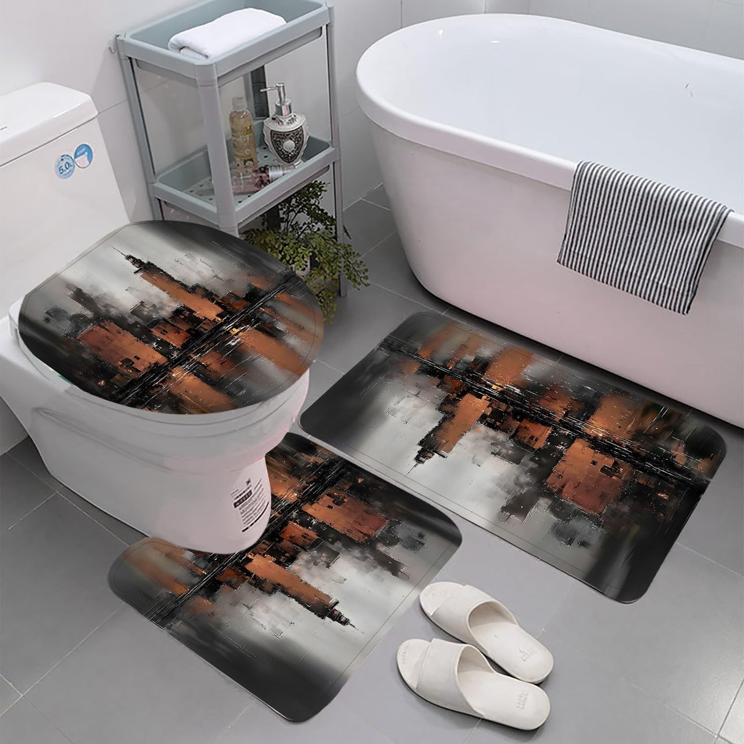 Yddsky 4 Pcs Black and Brown Geometric Shower Curtain Sets with Rugs Black Bathroom Sets with Shower Curtain and Rugs Modern Bathroom Curtains with Toilet Lid Cover for Bathroom Decor Accessories