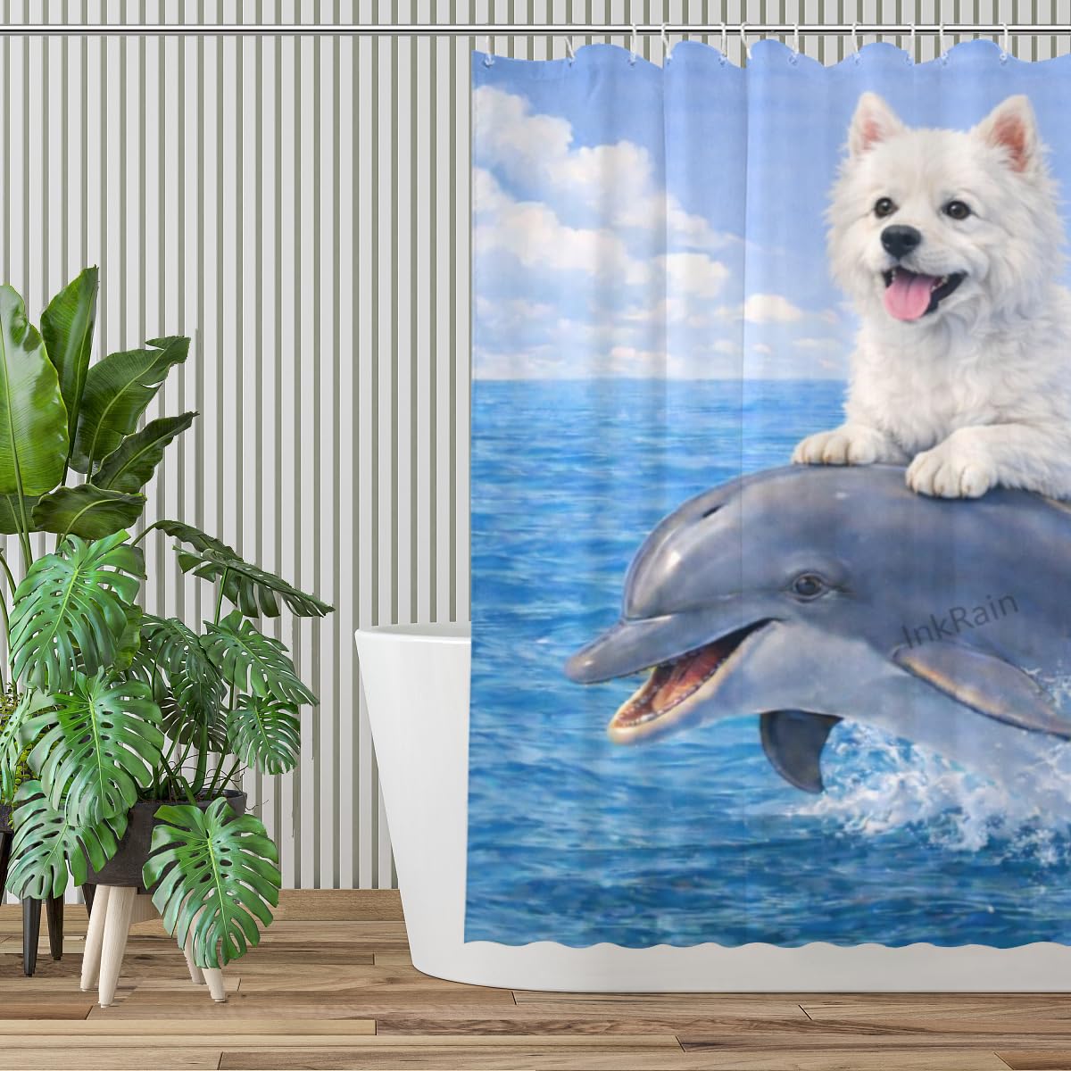 InkRain Ocean Westie-Dog Shower Curtain with 12 Hooks Cute Puppy Riding Dolphin Bathroom Decor Waterproof Polyester Fabric Coastal Beach Bath Curtain 72x84 Inch