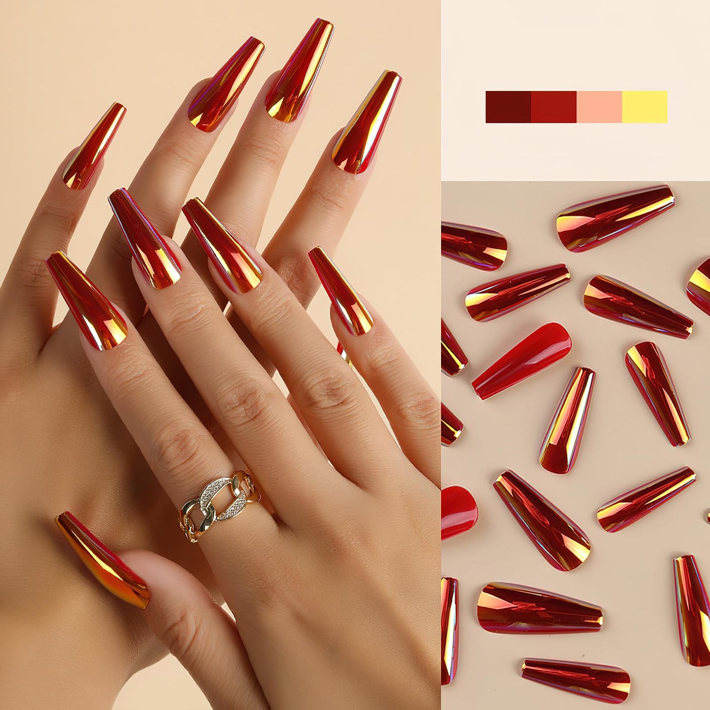 ROFIBUT 24PCS Chrome Press on Nails Fluorescent Holographic Coffin False Nails Laser Mirror Metallic Arts Long Ballerina Glue on Nails Laser Holographic Coffin False Nails Mirror