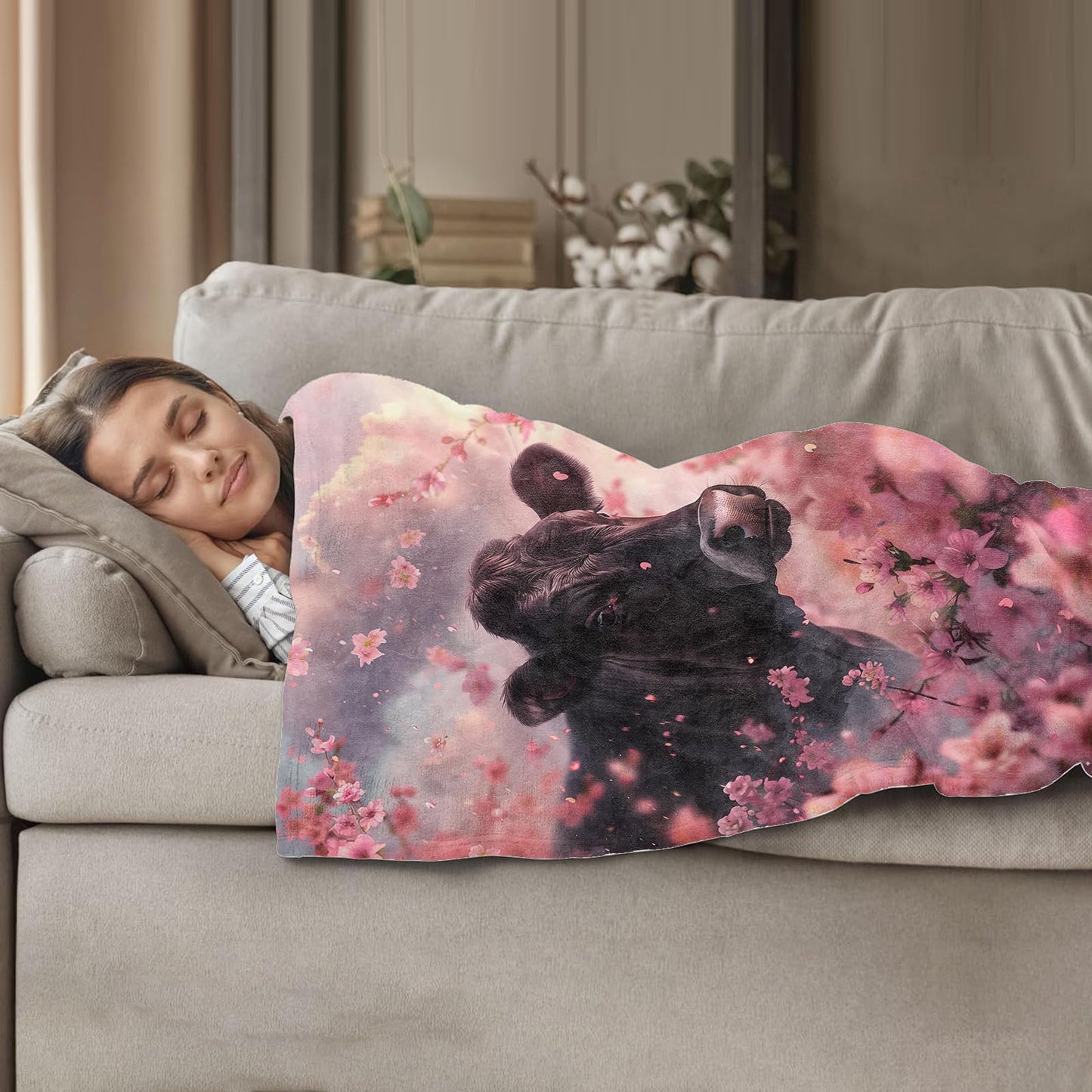 Plistiz Pastoral Throw Blanket 50"x60", Blossoming Cherry Blossoms and Cow Theme Blankets for Living Room Couch, Soft Flannel Gifts for Adults and Women
