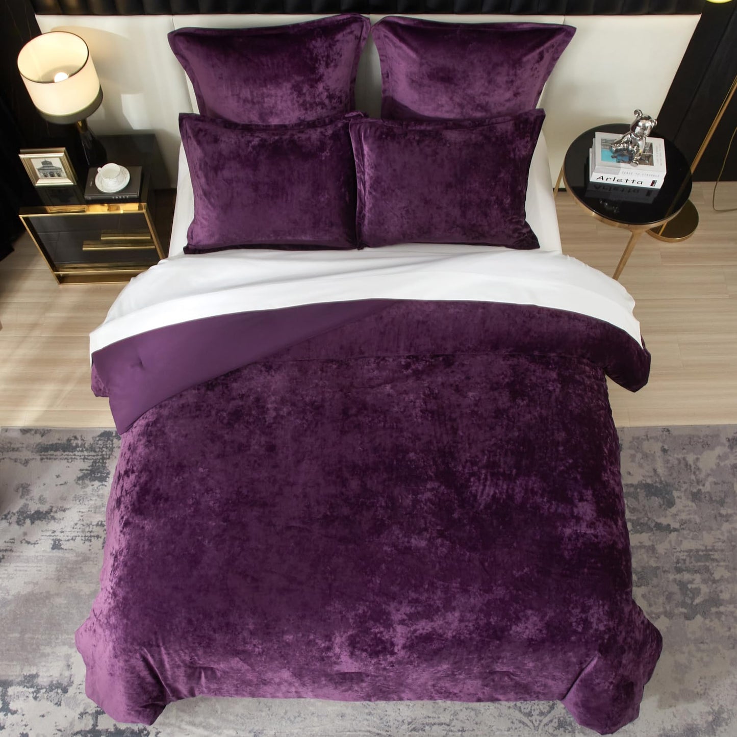 Ivellow Crushed Velvet Comforter Set Queen Purple Comforter Set 5pcs Ultra Soft Lightweight Breathable Bedding Set Luxury Cozy Flannel Comforter Queen Size (1 Comforter,2 Pillow Shams, 2 Euro Shams
