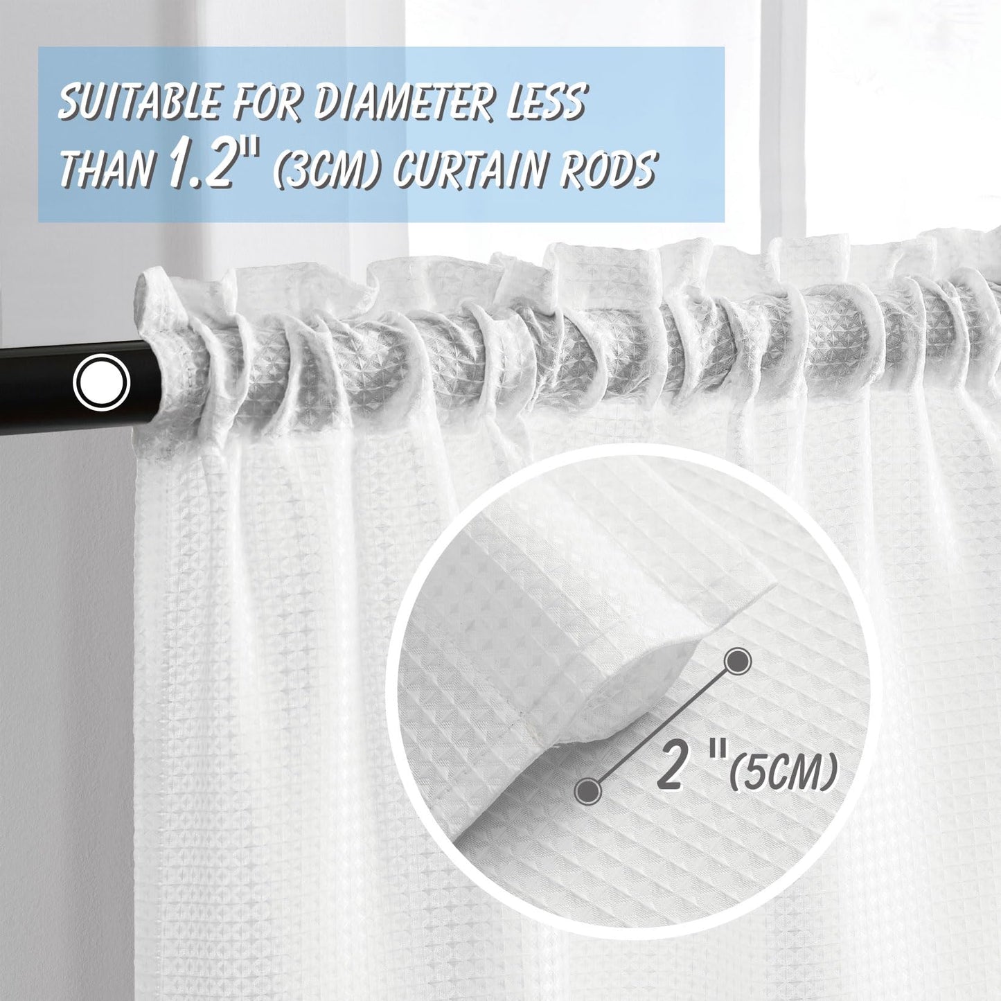 Home Queen White Waffle Bathroom Window Curtains, Water Repellent Rod Pocket Kitchen Drapes for Small Window, 2 Panels, 24 W X 24 L Inch Each